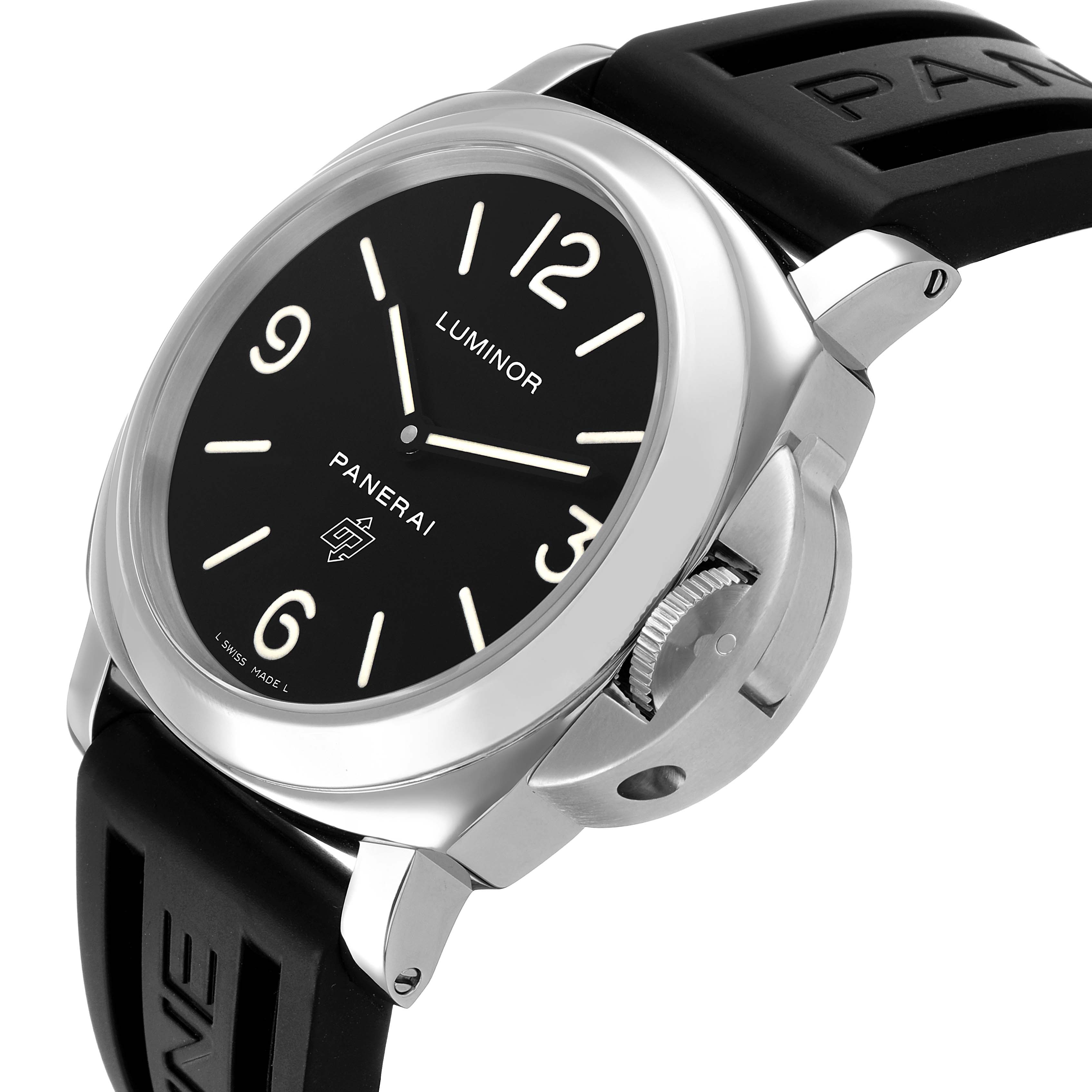 The image shows a Panerai Luminor PAM00000 Men's Stainless Steel Black Dial watch at an angle highlighting the dial, case, crown guard, and rubber strap.
