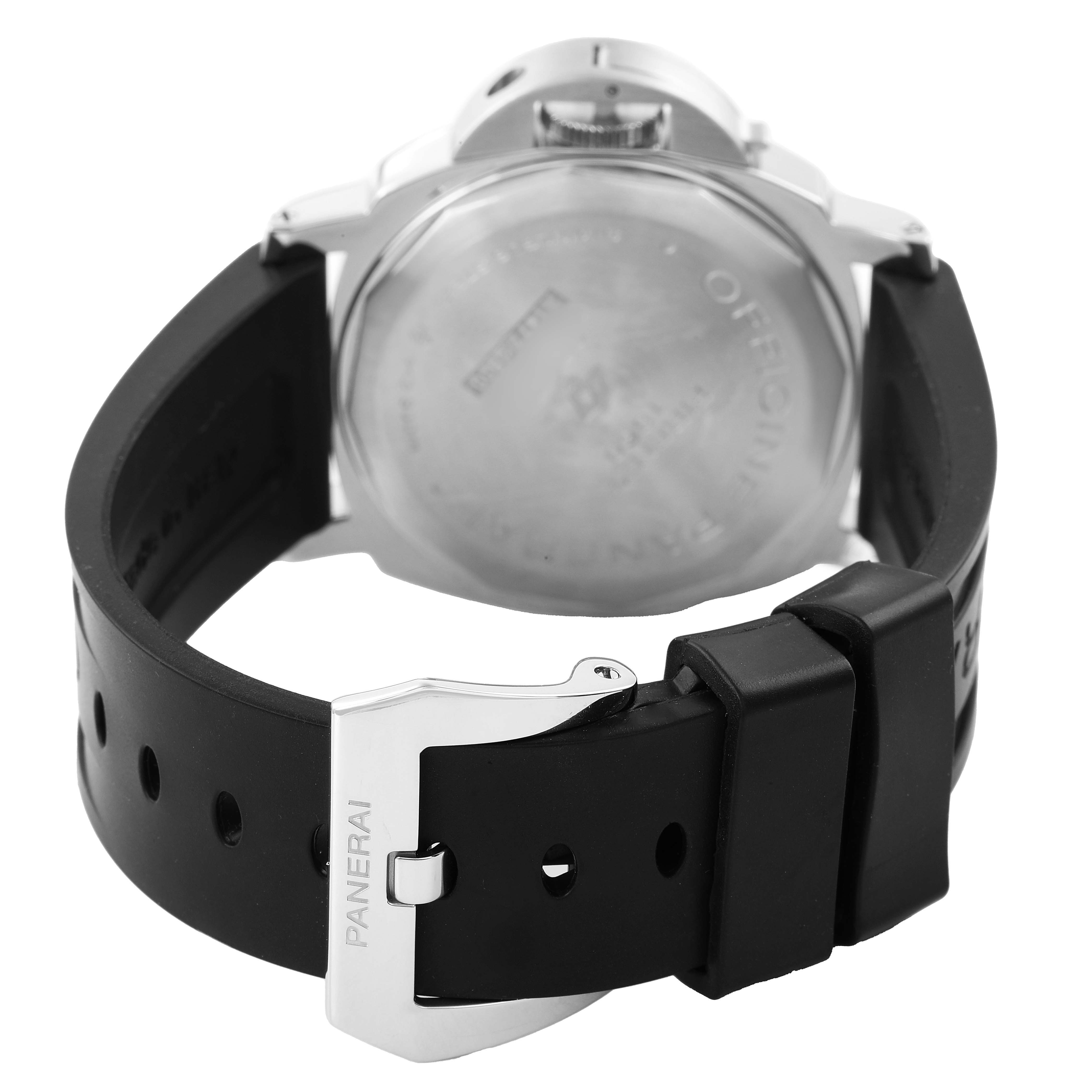 The image shows the back case and strap, including the buckle, of a Panerai Luminor PAM00000 Men's Stainless Steel Black Dial watch.