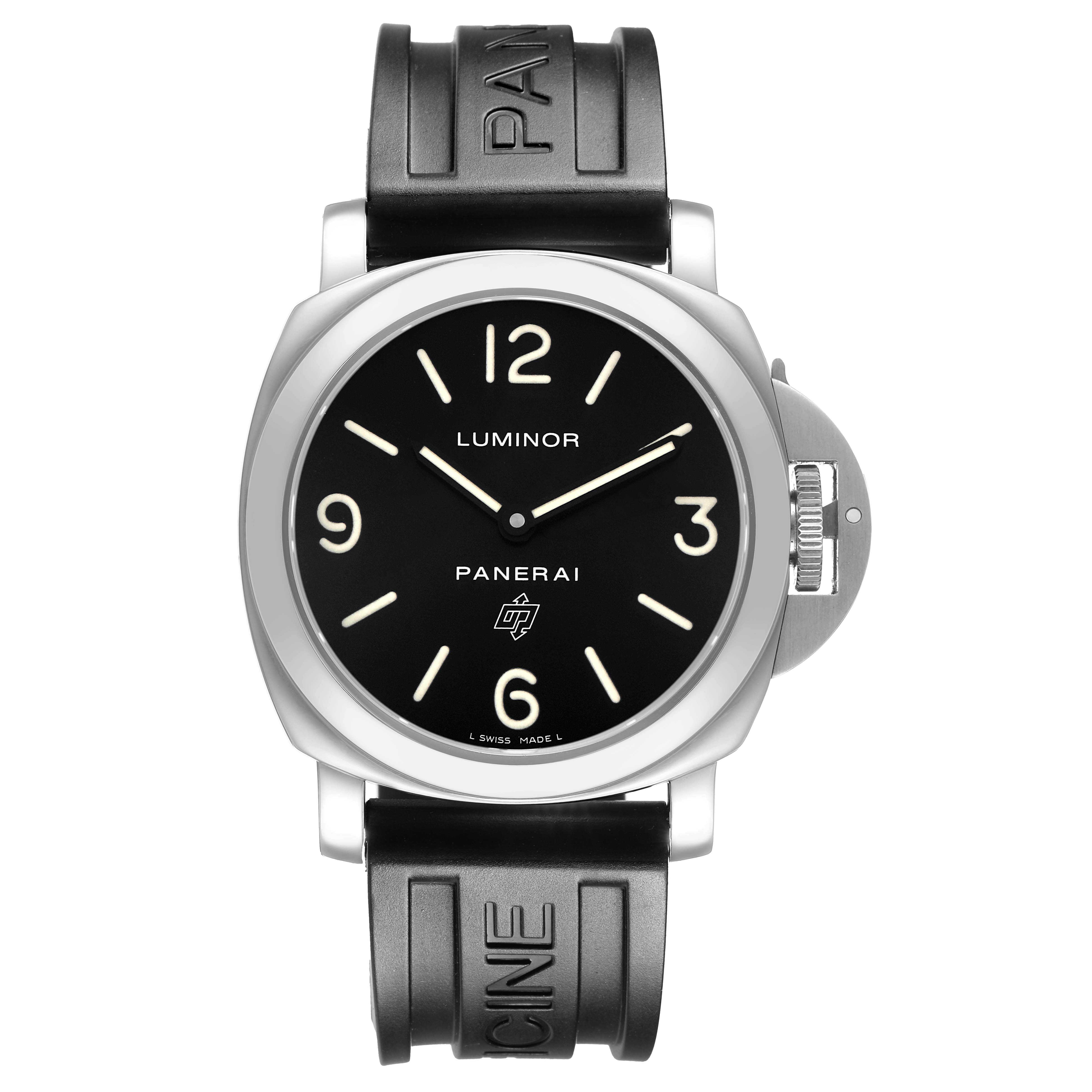 The Panerai Luminor PAM00000 Men's Stainless Steel Black Dial watch is shown from a front angle, displaying the dial, case, crown guard, and rubber strap.