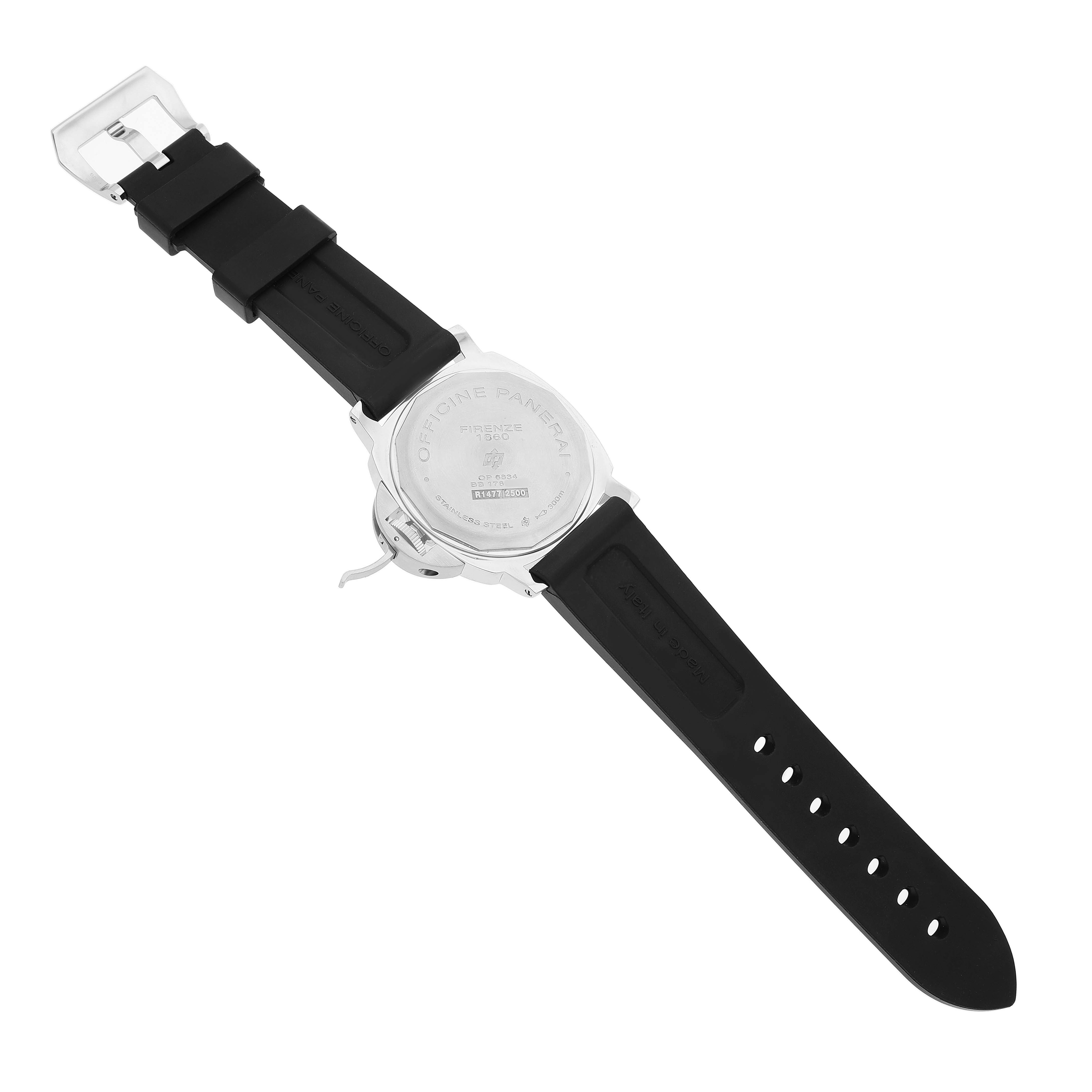 The image shows the back view of a Panerai Luminor PAM00000 Men's Stainless Steel Black Dial watch, featuring its case back and black rubber strap.