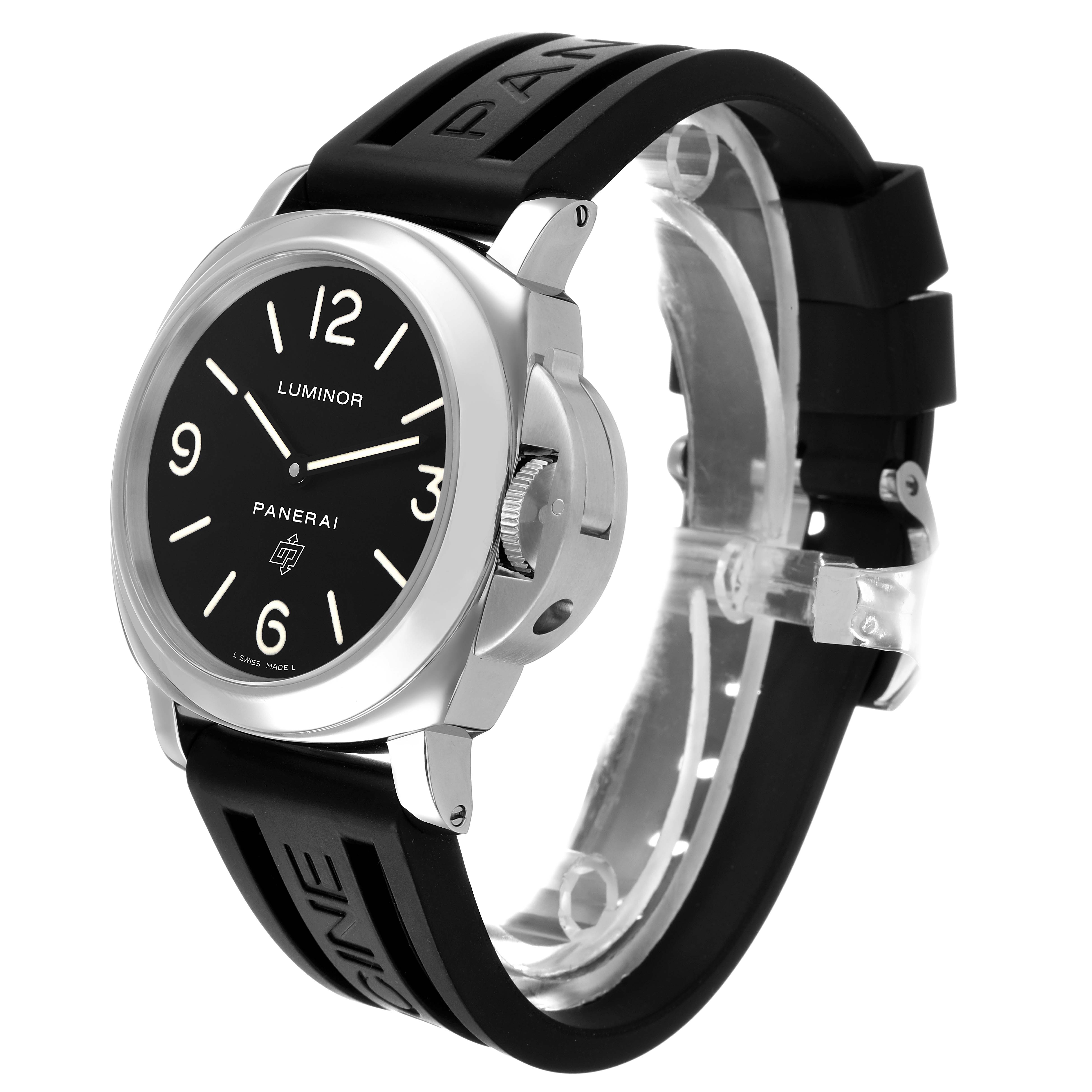 The Panerai Luminor PAM00000 Men's Stainless Steel Black Dial watch is shown at an angled front view, highlighting its dial, case, crown guard, and rubber strap.