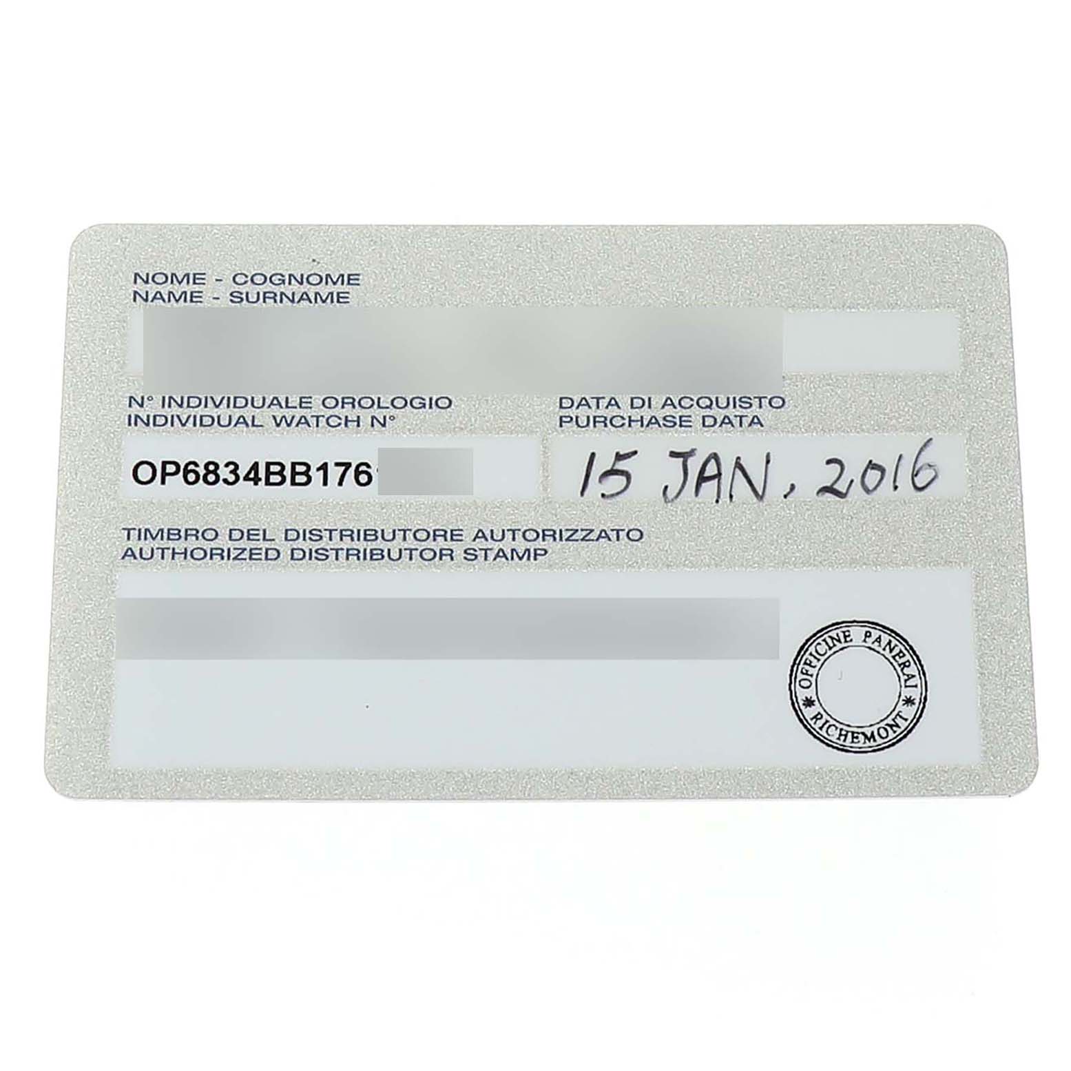 This image shows a warranty or authenticity card for a Panerai Luminor PAM00000 Men's Stainless Steel Black Dial watch, featuring details like purchase date and serial number.