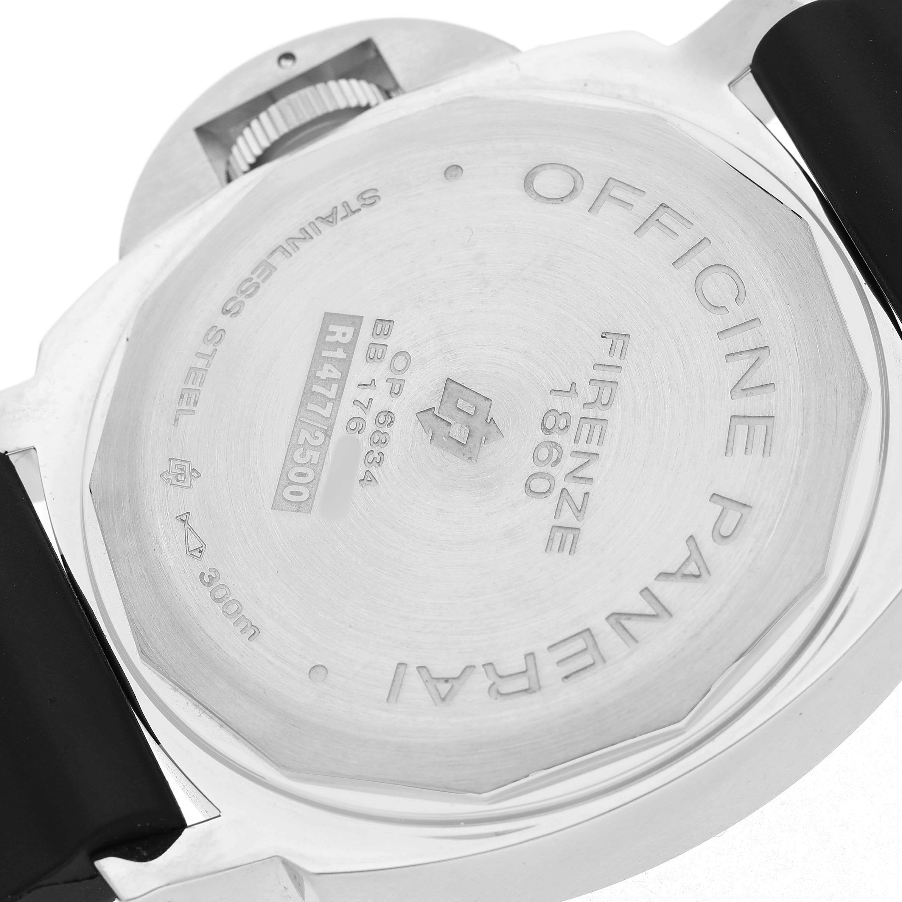 The image shows the back of a Panerai Luminor PAM00000 Men's Stainless Steel Black Dial watch with engraved details visible.