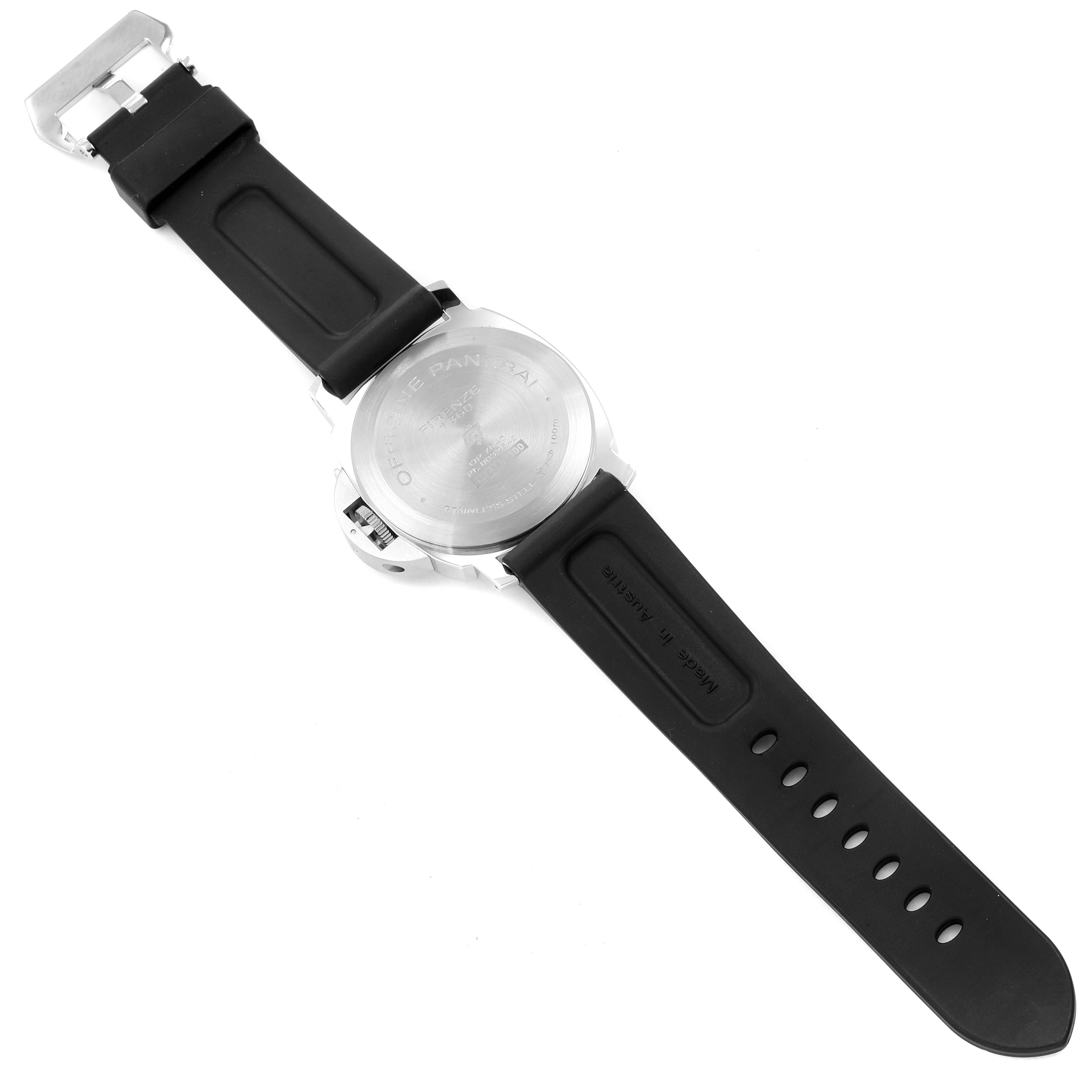 The image shows the back case and black rubber strap of a Panerai Luminor PAM01005 Men
s Stainless Steel Black Dial PAM01005 Men
s Stainless Steel Black Dial watch.