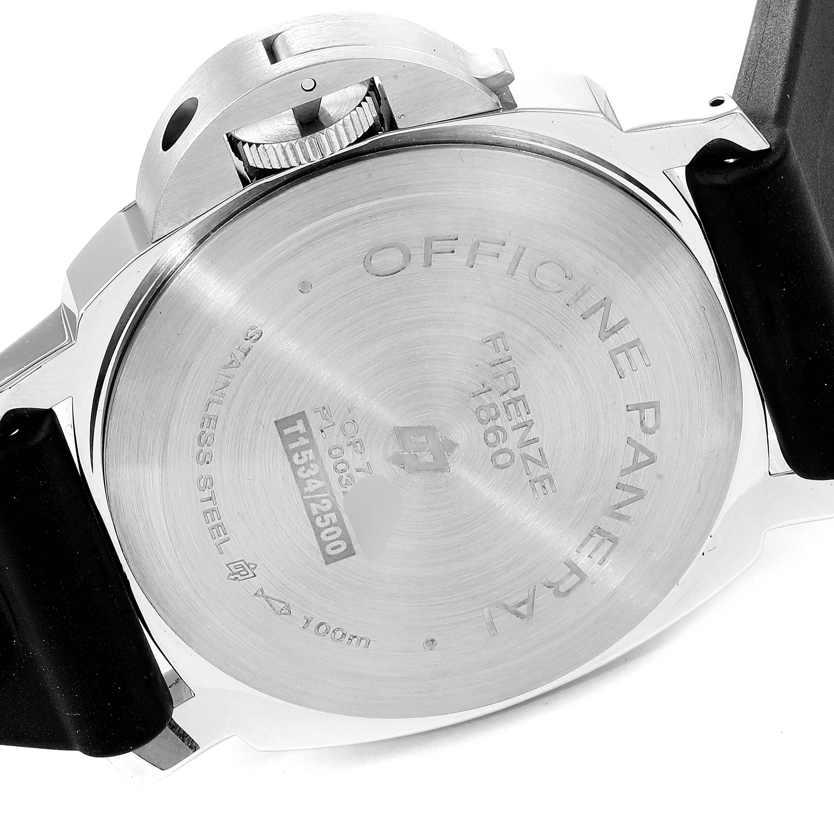 This image shows the back of a Panerai Luminor PAM01005 Men
s Stainless Steel Black Dial PAM01005 Men
s Stainless Steel Black Dial watch, highlighting the case back and crown guard.