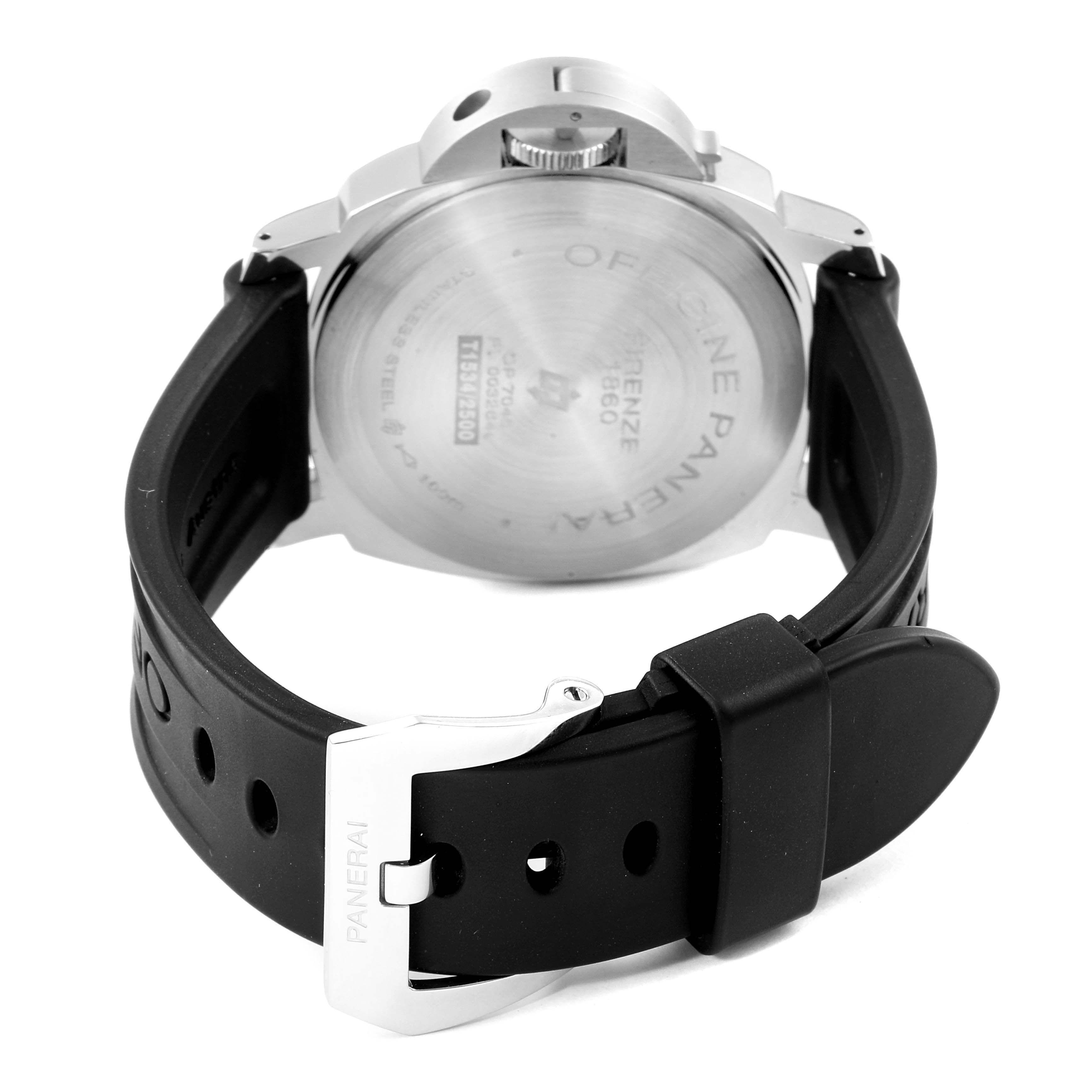 The Panerai Luminor PAM01005 Men
s Stainless Steel Black Dial PAM01005 Men
s Stainless Steel Black Dial watch is shown from the back, displaying the case back, crown guard, and black rubber strap with the branded buckle.