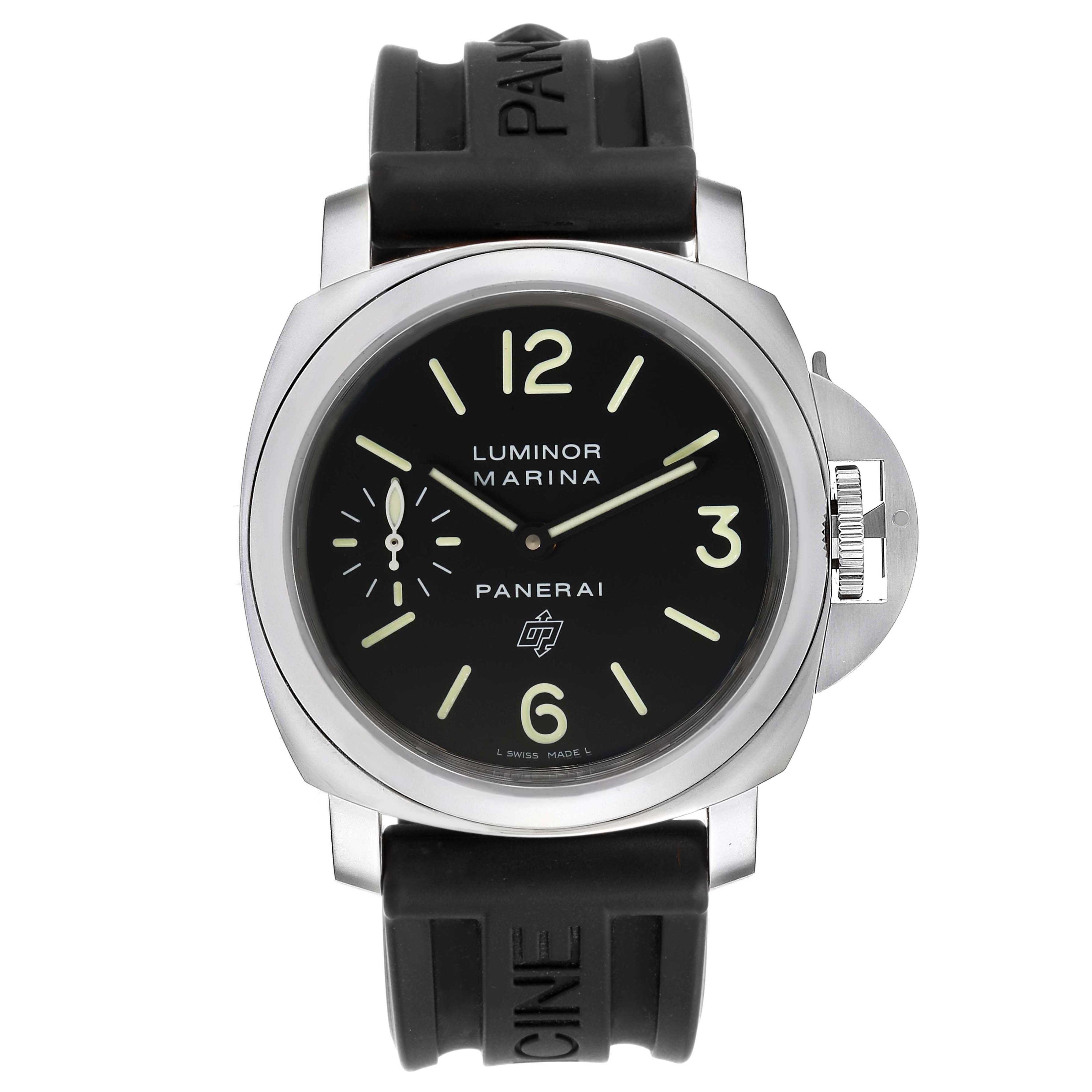 This is a front view of a Panerai Luminor PAM01005 Men
s Stainless Steel Black Dial PAM01005 Men
s Stainless Steel Black Dial watch, showing the dial, case, and rubber strap.