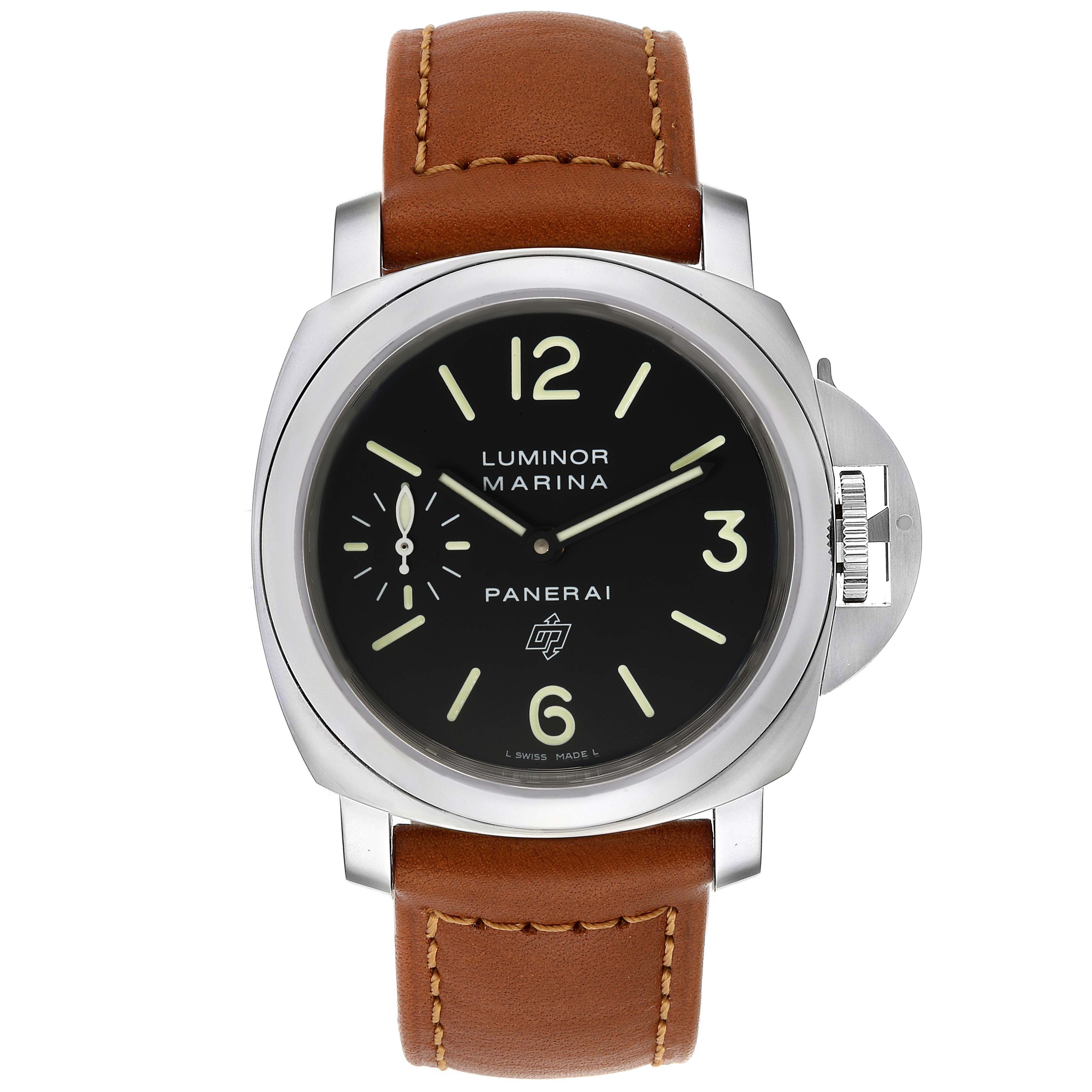 The image shows a front view of a Panerai Luminor PAM01005 Men
s Stainless Steel Black Dial PAM01005 Men
s Stainless Steel Black Dial watch with a brown leather strap and a black dial.