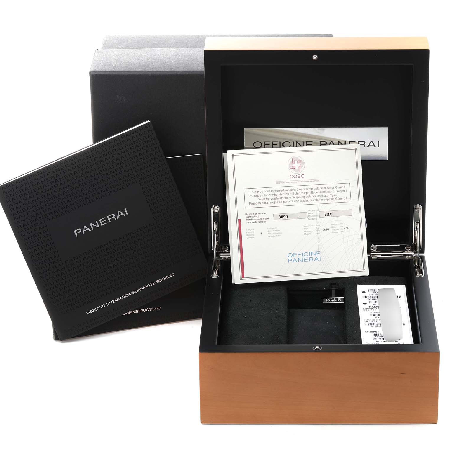 The image shows the open packaging box and documentation for a Panerai Luminor PAM01005 Men
s Stainless Steel Black Dial PAM01005 Men
s Stainless Steel Black Dial watch from a front angle.