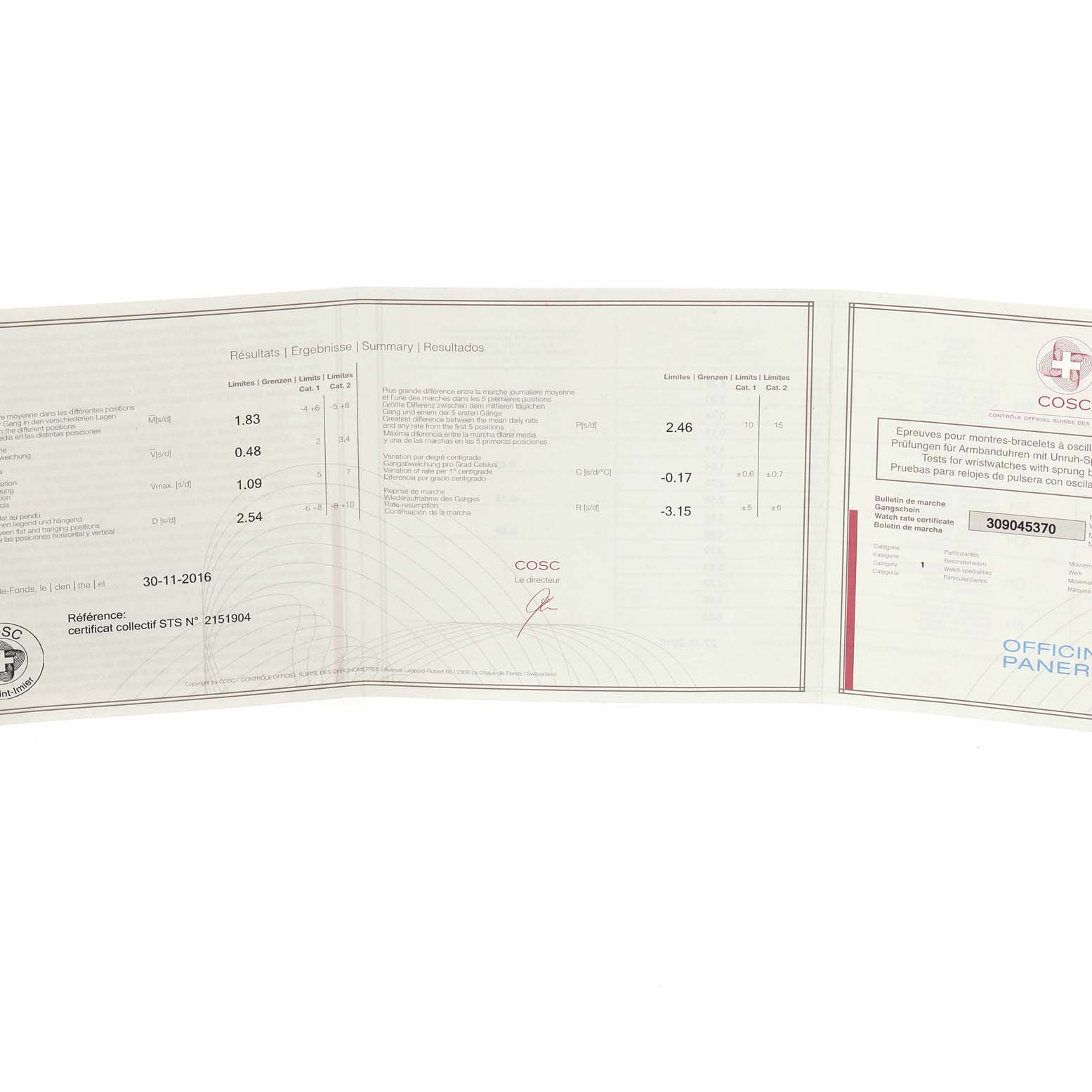 This image shows the certification documents for a Luminor model by Panerai, laid out flat and clearly visible.