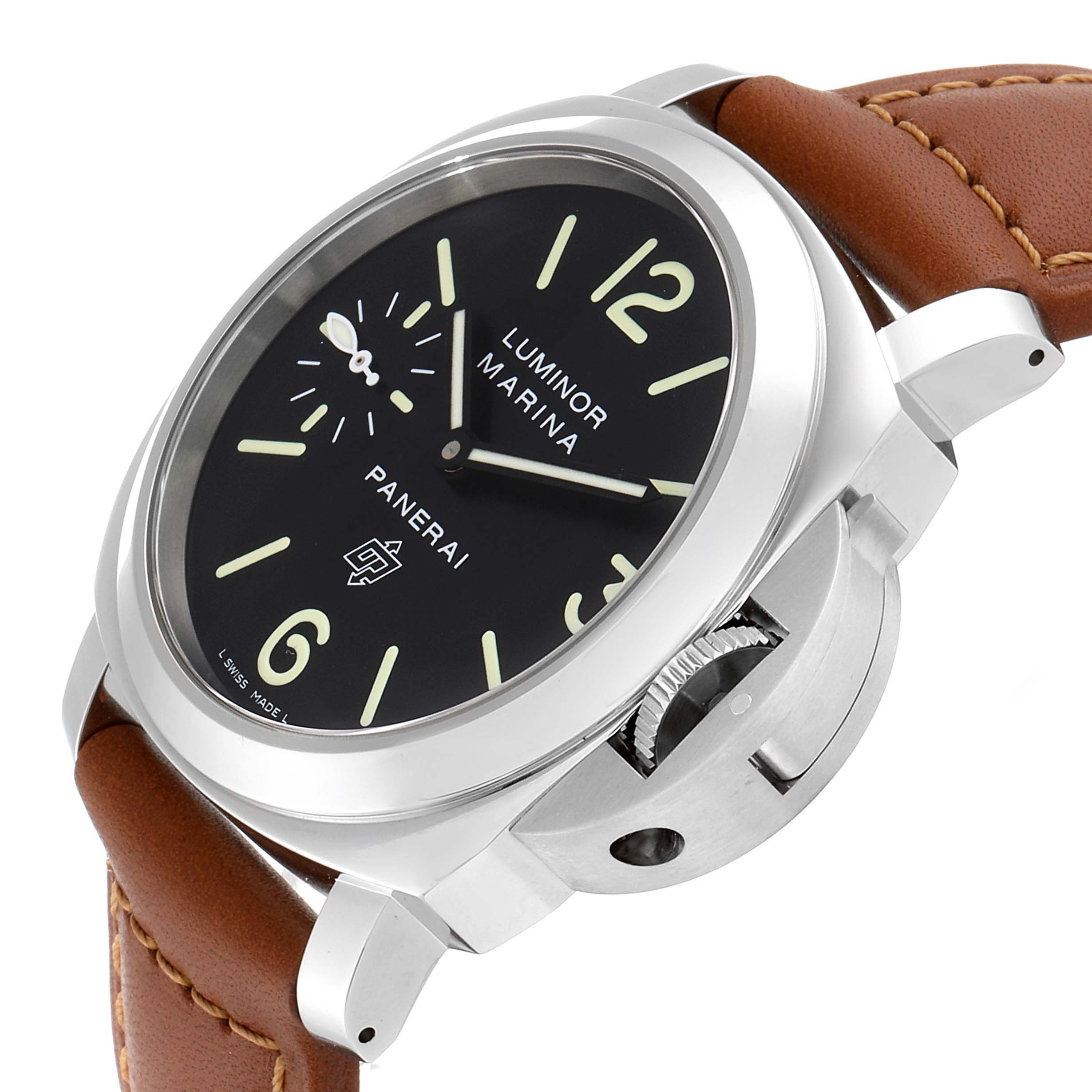 The Panerai Luminor PAM01005 Men
s Stainless Steel Black Dial PAM01005 Men
s Stainless Steel Black Dial watch is shown at an angle displaying the face, crown guard, and part of the leather strap.