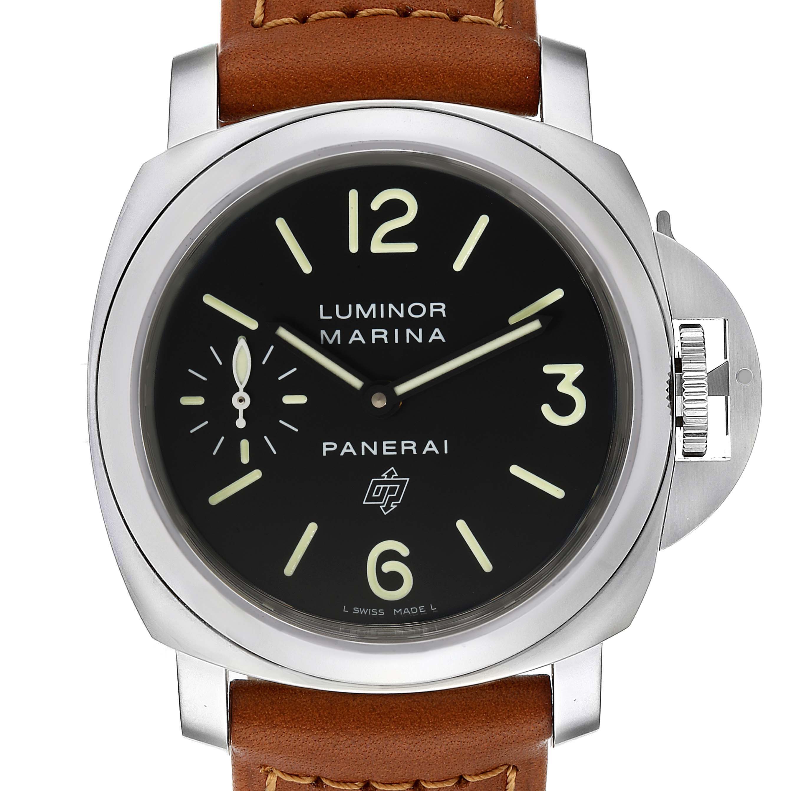 This image shows a front view of a Panerai Luminor PAM01005 Men
s Stainless Steel Black Dial PAM01005 Men
s Stainless Steel Black Dial Marina watch, featuring a black dial and brown leather strap.