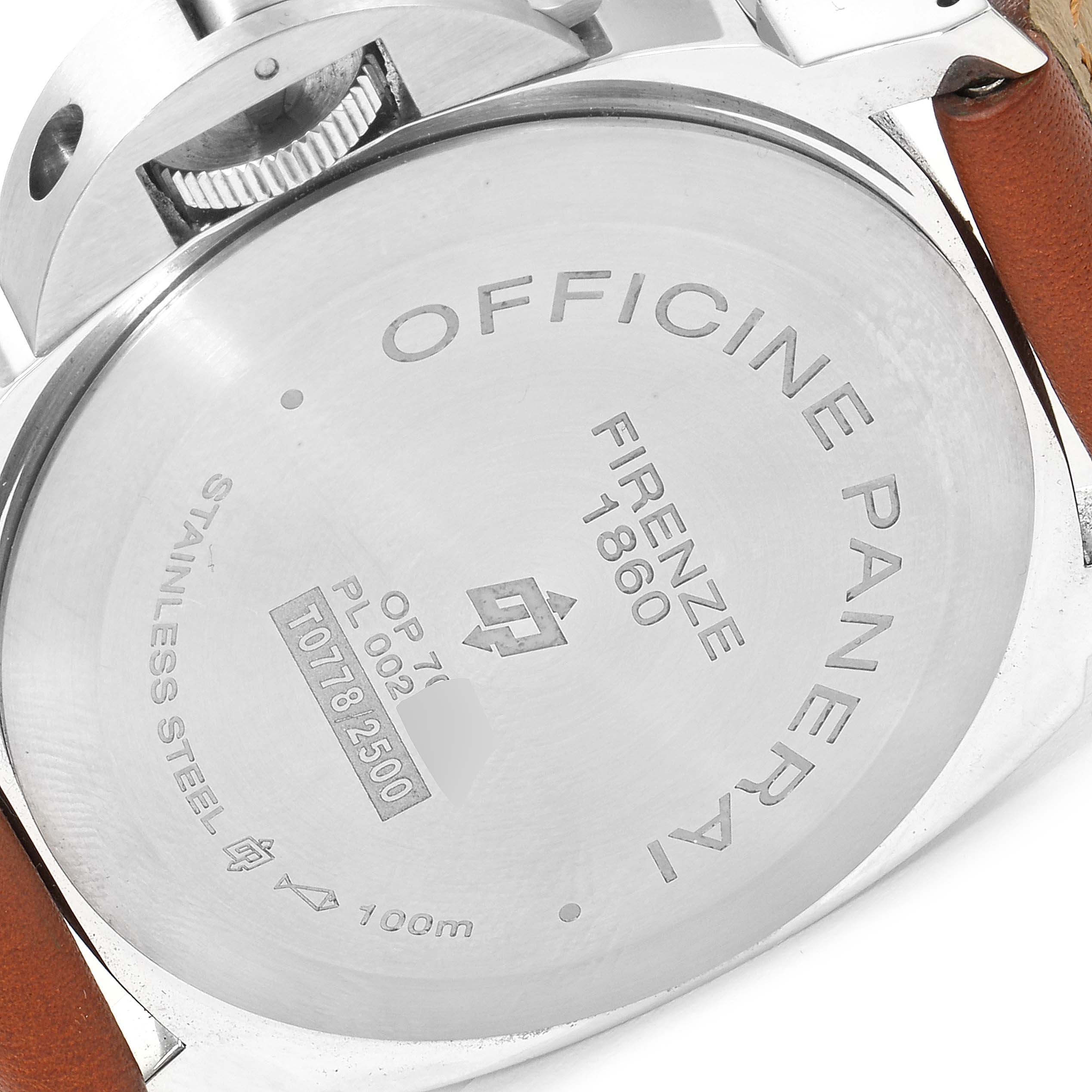 This image shows the back case of a Panerai Luminor PAM01005 Men
s Stainless Steel Black Dial PAM01005 Men
s Stainless Steel Black Dial watch, highlighting its engravings and crown protector.