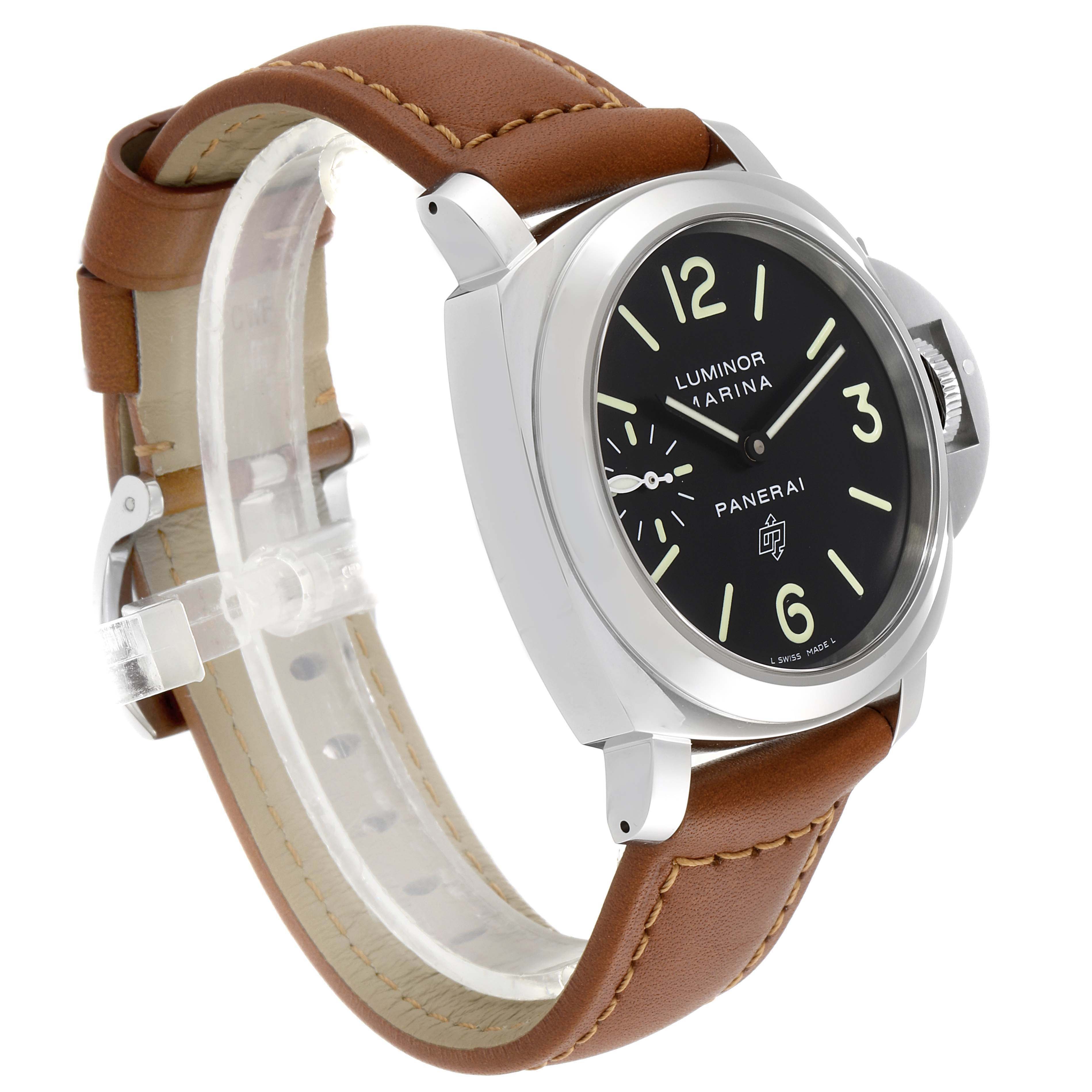 The Panerai Luminor PAM01005 Men
s Stainless Steel Black Dial PAM01005 Men
s Stainless Steel Black Dial watch is shown at an oblique angle, displaying its black dial, brown leather strap, and stainless steel case.