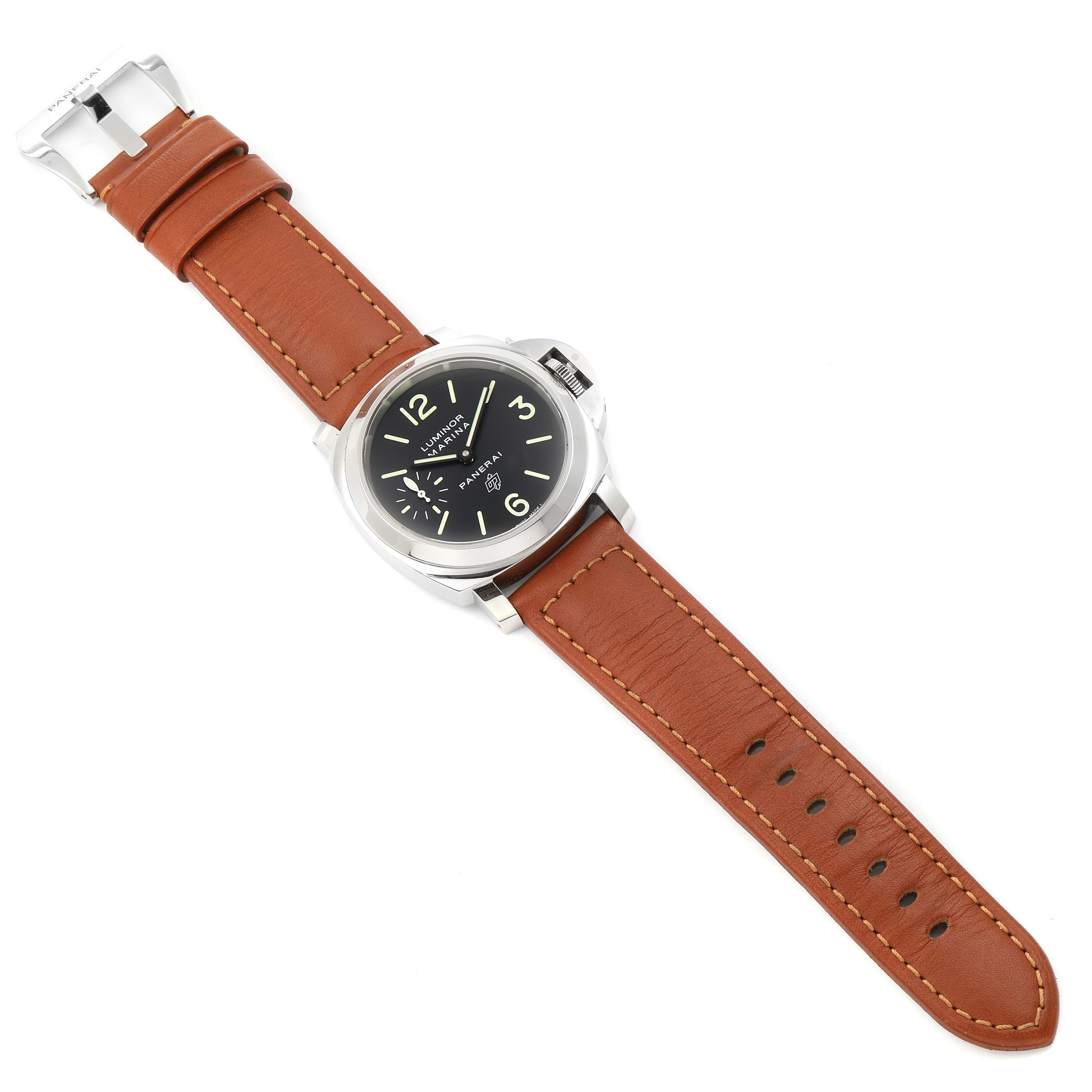 The image shows a top-down view of a Panerai Luminor PAM01005 Men
s Stainless Steel Black Dial PAM01005 Men
s Stainless Steel Black Dial watch with a brown leather strap and black dial.