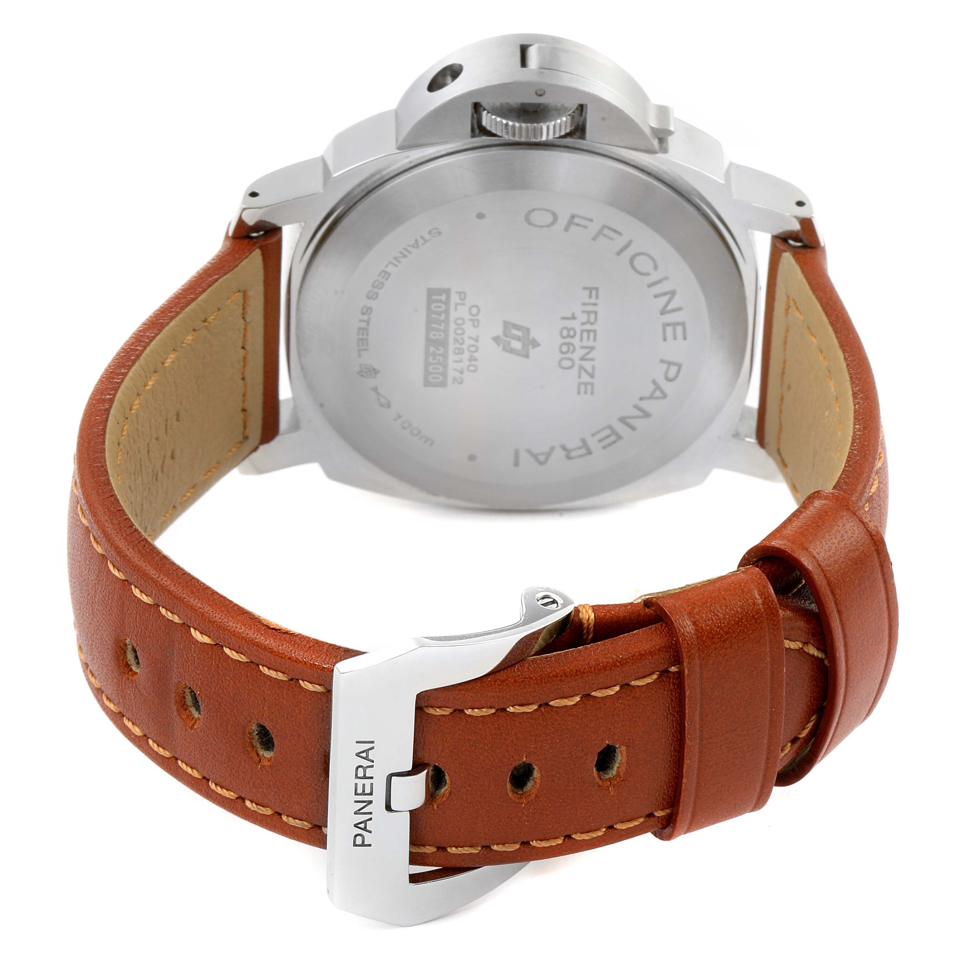 The image shows the back view of a Panerai Luminor PAM01005 Men
s Stainless Steel Black Dial PAM01005 Men
s Stainless Steel Black Dial watch, highlighting its case back and leather strap with buckle.