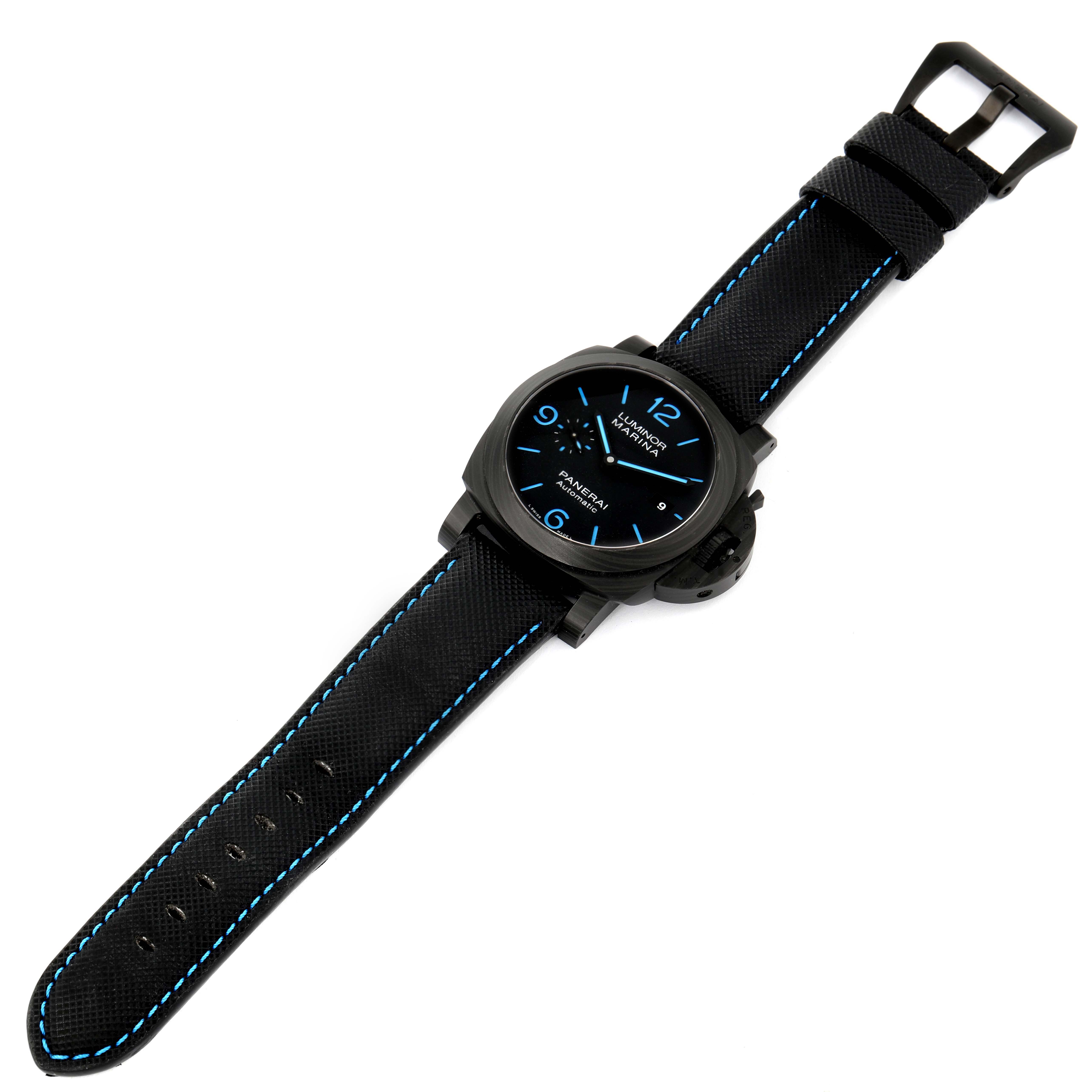 The image shows a top-view angle of a Panerai Luminor PAM01661 Men's Stainless Steel Black Dial PAM01661 Men's Stainless Steel Black Dial watch, displaying the face and the full length of the black strap with blue stitching.