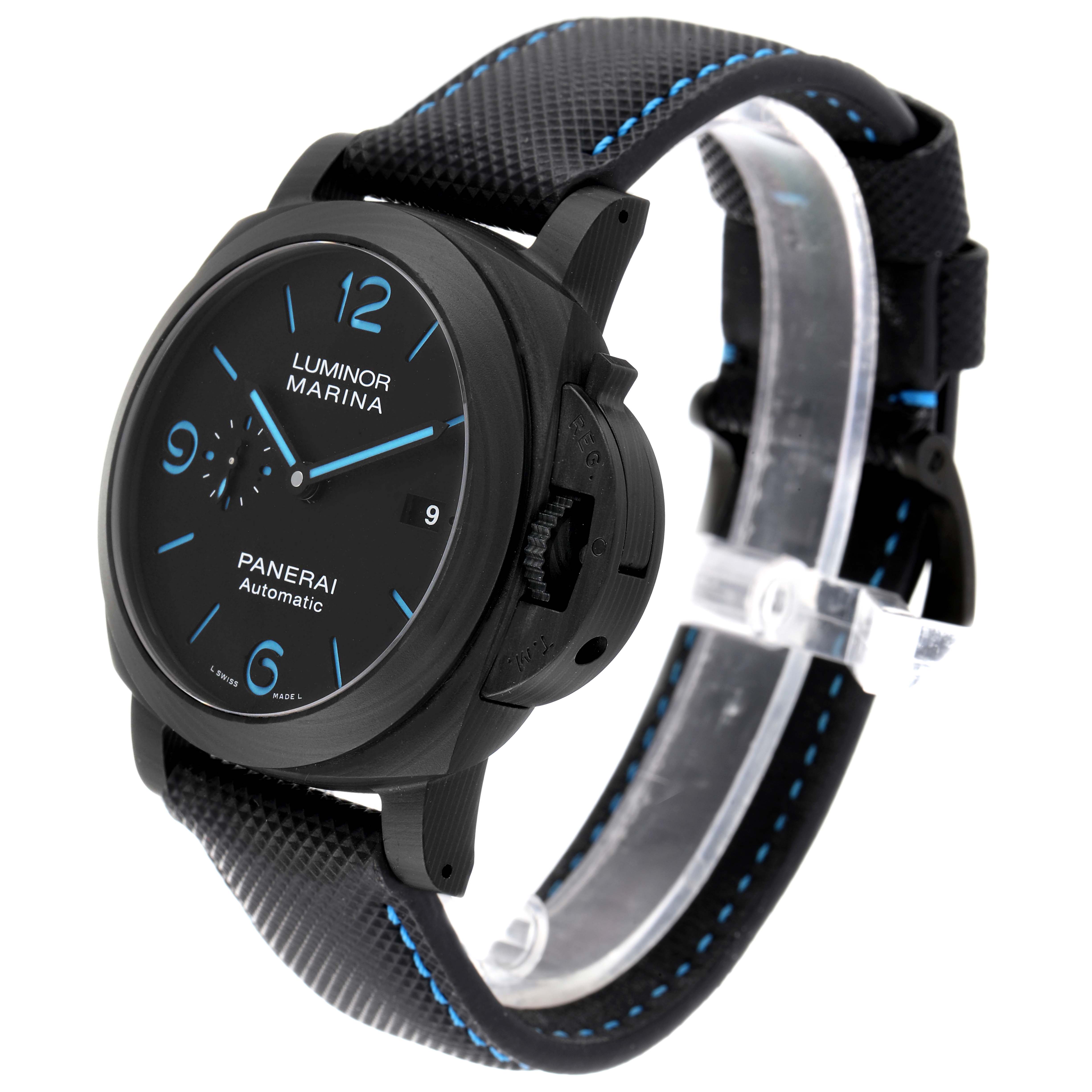 The image shows a side angle of the Panerai Luminor PAM01661 Men's Stainless Steel Black Dial PAM01661 Men's Stainless Steel Black Dial Marina watch, highlighting the face, strap, and crown guard.