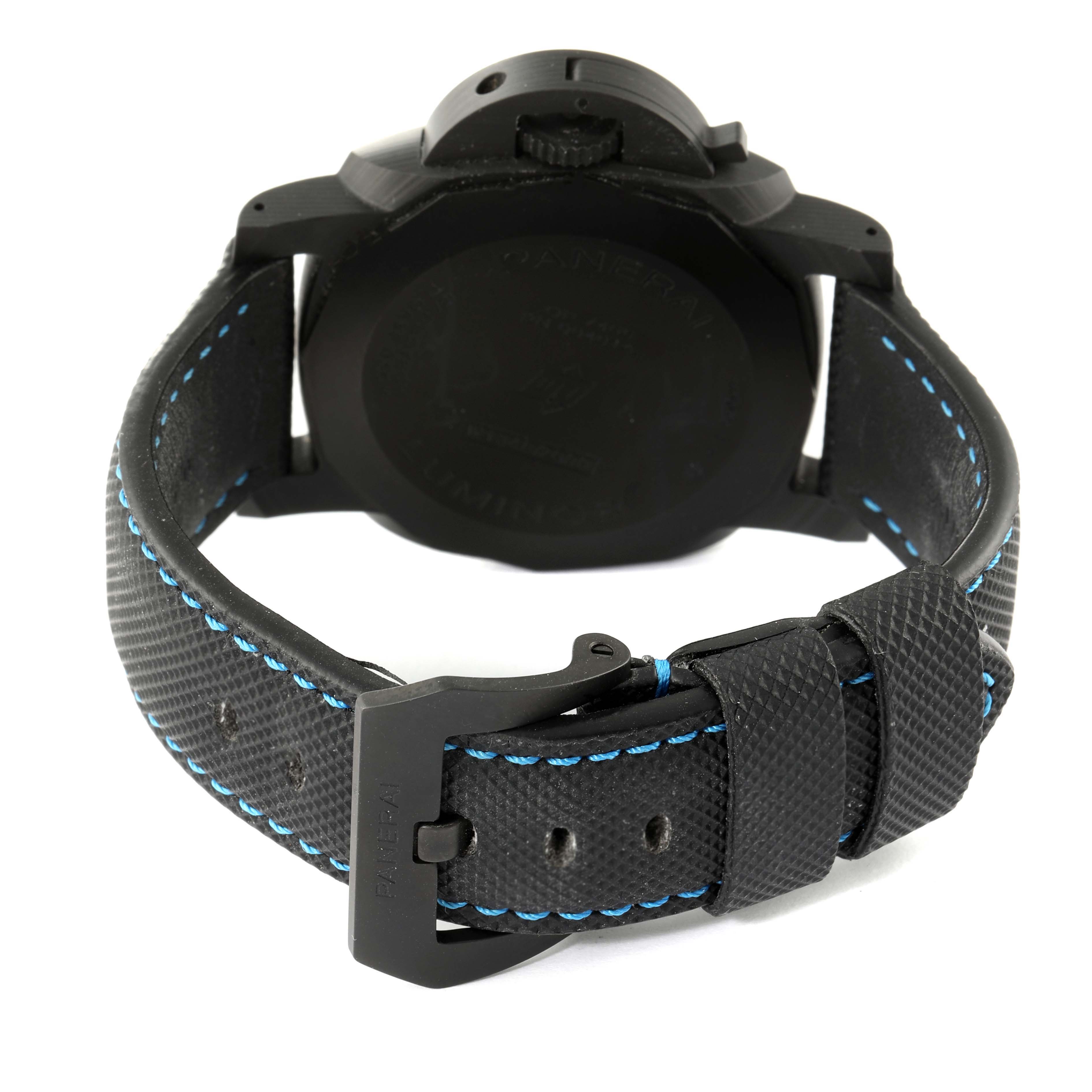 This is a rear angle view of the Panerai Luminor PAM01661 Men's Stainless Steel Black Dial PAM01661 Men's Stainless Steel Black Dial watch displaying its strap, clasp, and case back.