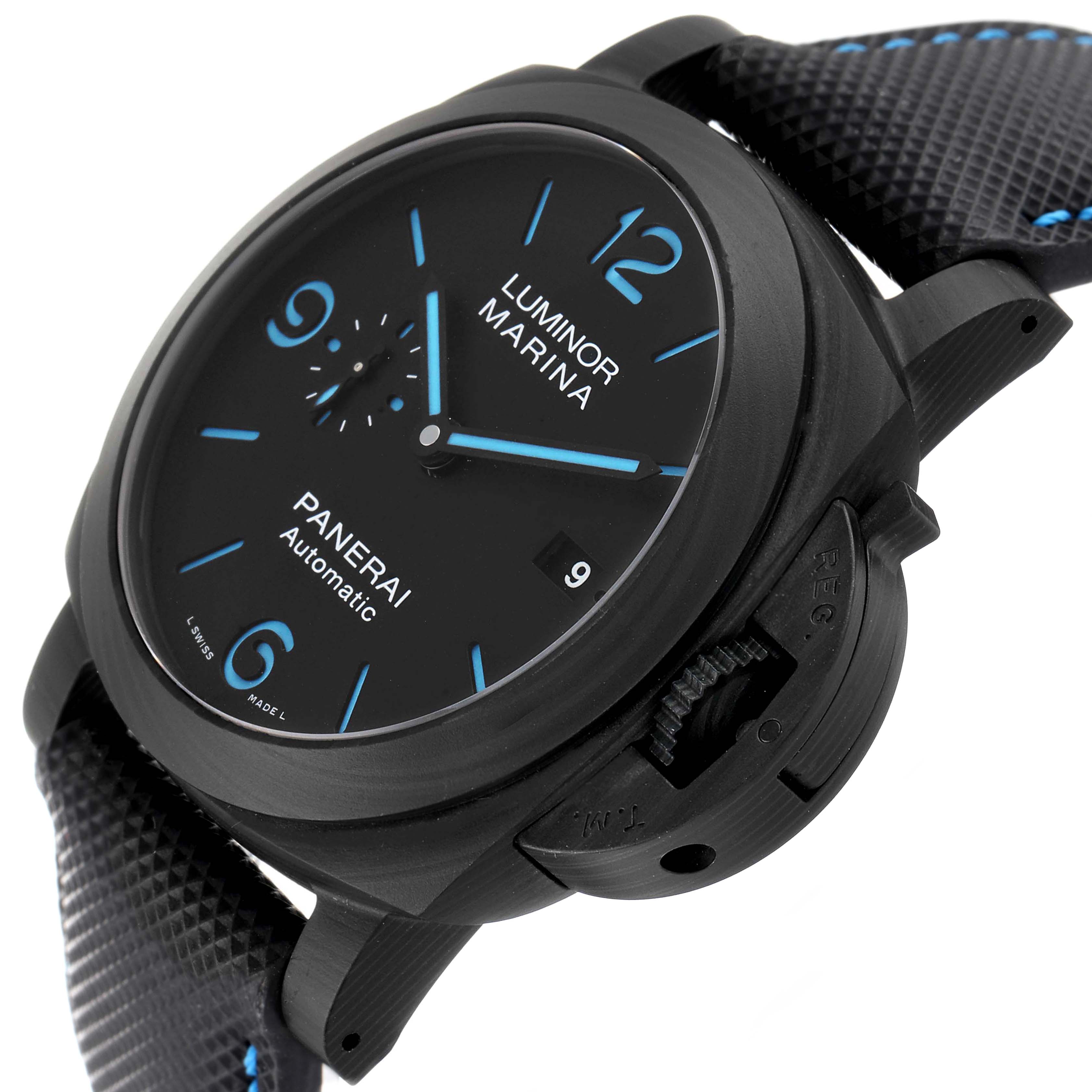 The image shows a side and front view of the Panerai Luminor PAM01661 Men's Stainless Steel Black Dial PAM01661 Men's Stainless Steel Black Dial Marina watch, focusing on the dial, crown, and part of the strap.