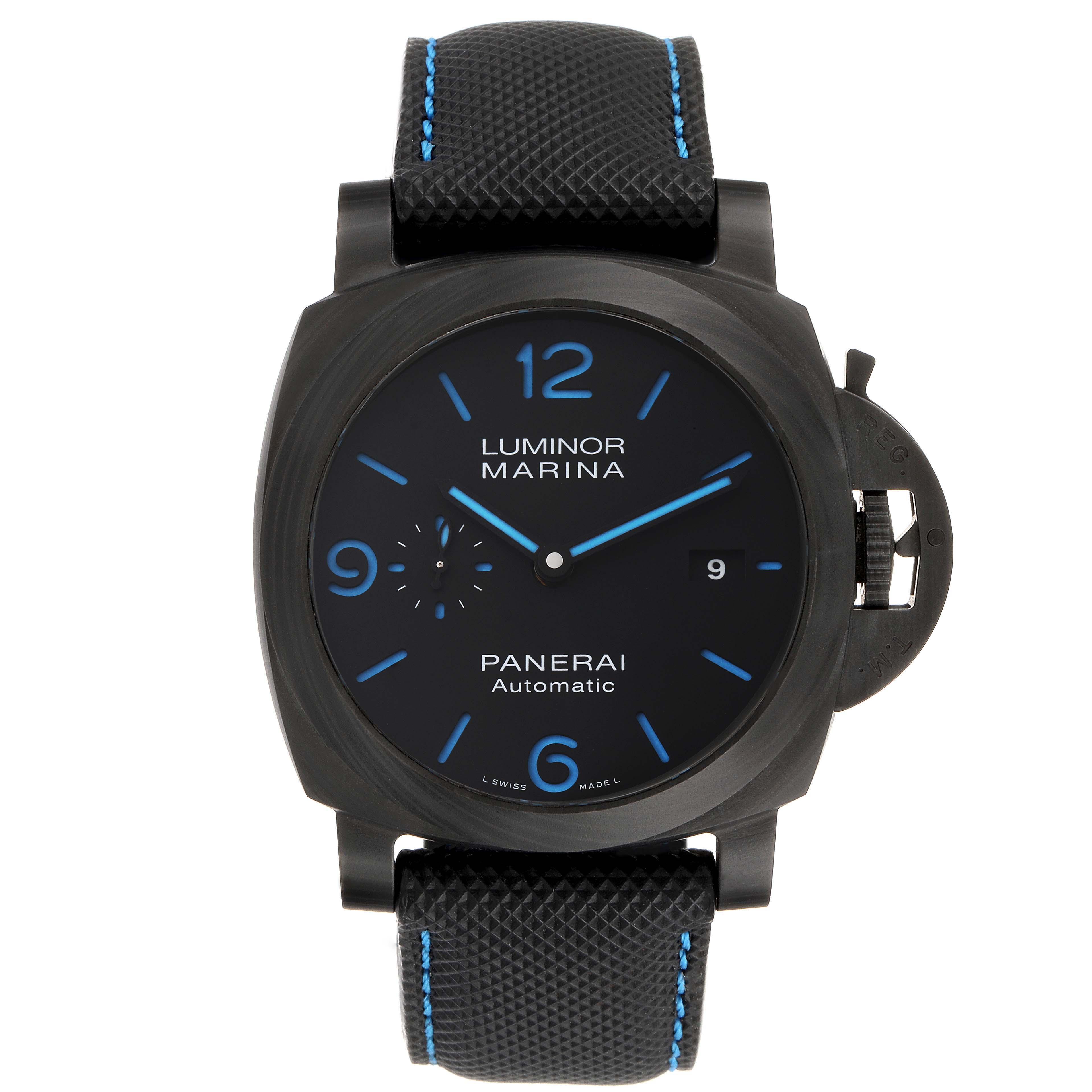 The Luminor model by Panerai is shown from a front view, highlighting the watch face, strap, and crown guard mechanism.