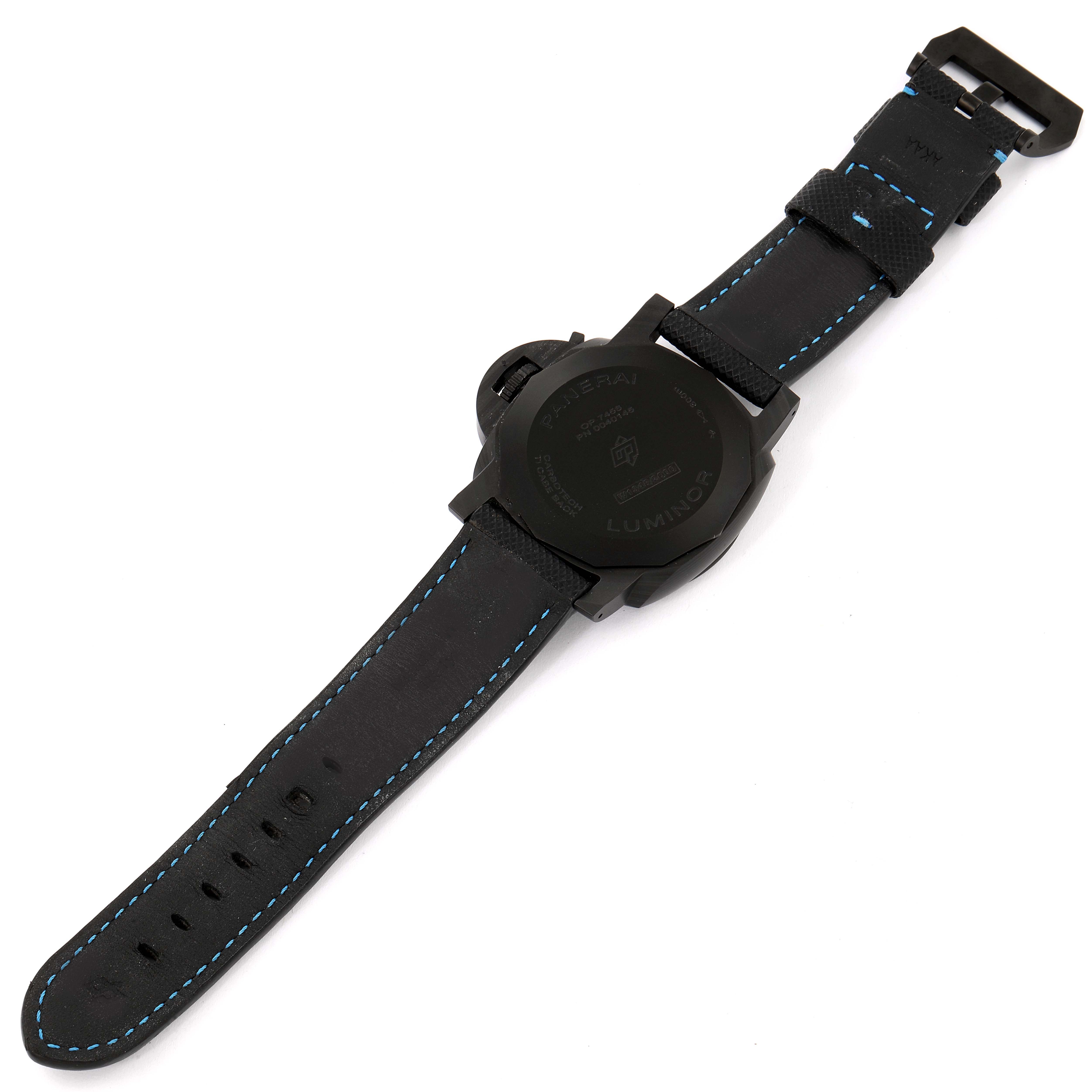 This image shows the back view and strap of a Panerai Luminor PAM01661 Men's Stainless Steel Black Dial PAM01661 Men's Stainless Steel Black Dial watch.