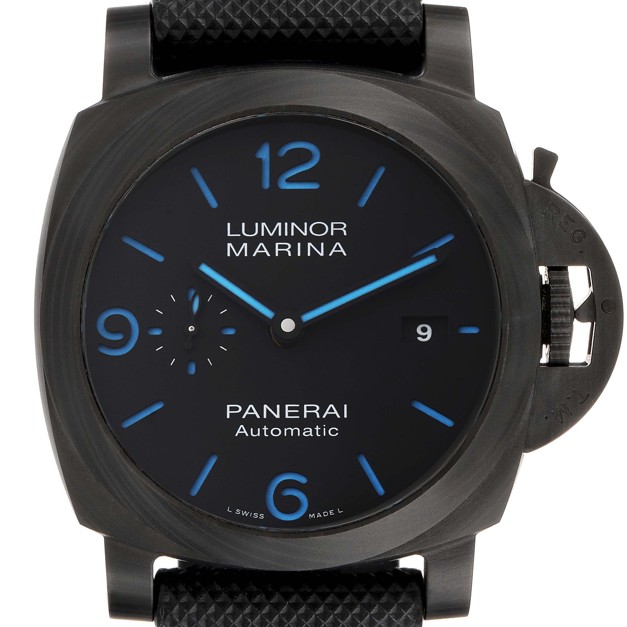 The Panerai Luminor PAM01661 Men's Stainless Steel Black Dial PAM01661 Men's Stainless Steel Black Dial model watch is shown from the front, highlighting its face, casing, and black strap.