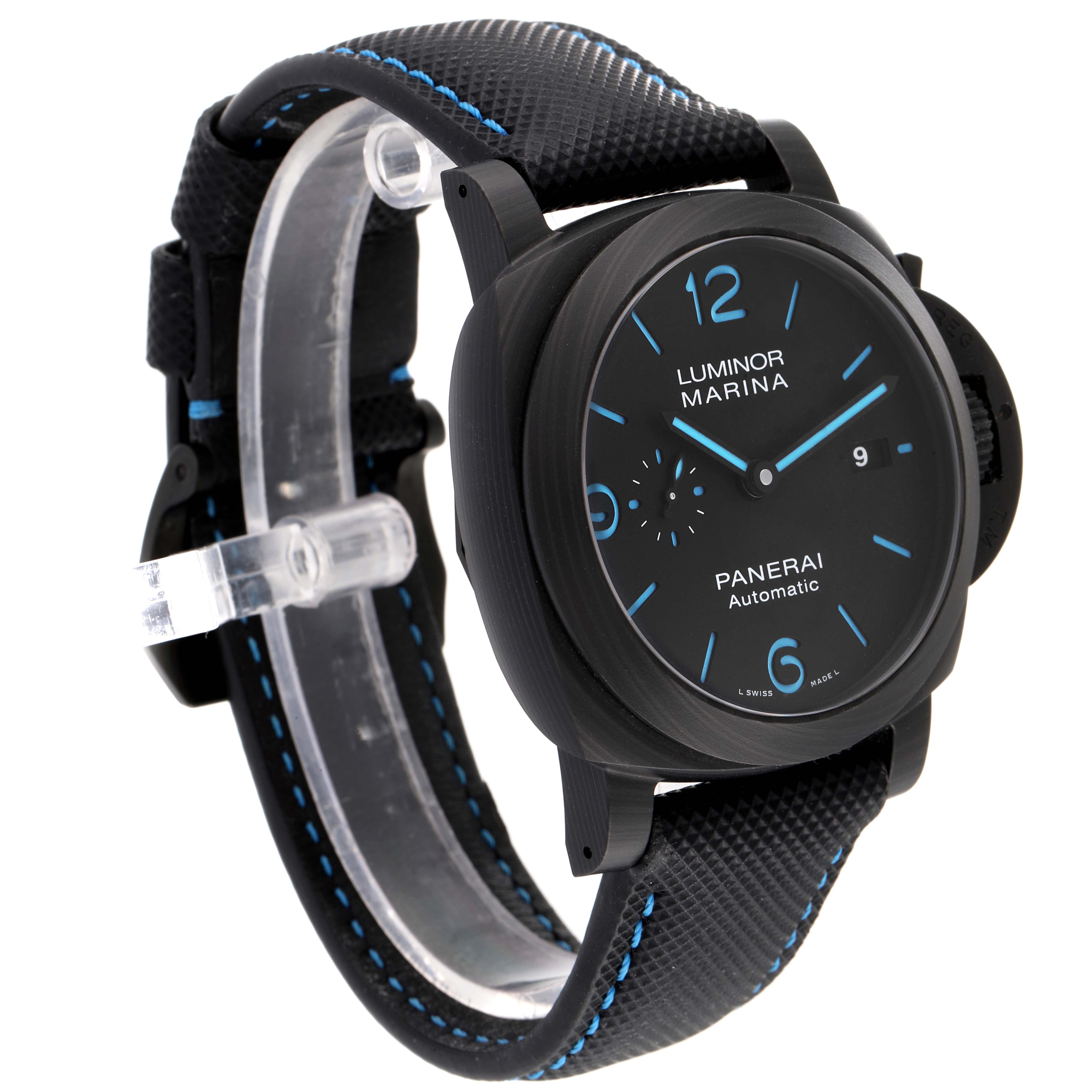 The image shows a side angle of a Panerai Luminor PAM01661 Men's Stainless Steel Black Dial PAM01661 Men's Stainless Steel Black Dial Marina watch, highlighting the dial and strap.