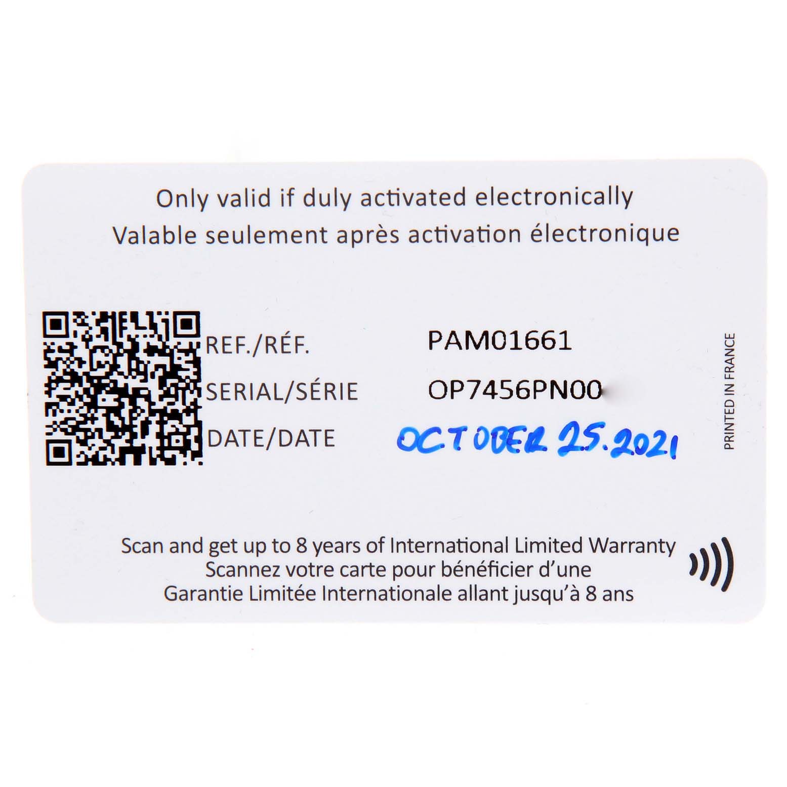 This image shows an international warranty card for a Panerai Luminor PAM01661 Men's Stainless Steel Black Dial PAM01661 Men's Stainless Steel Black Dial model watch, specifically model PAM01661.