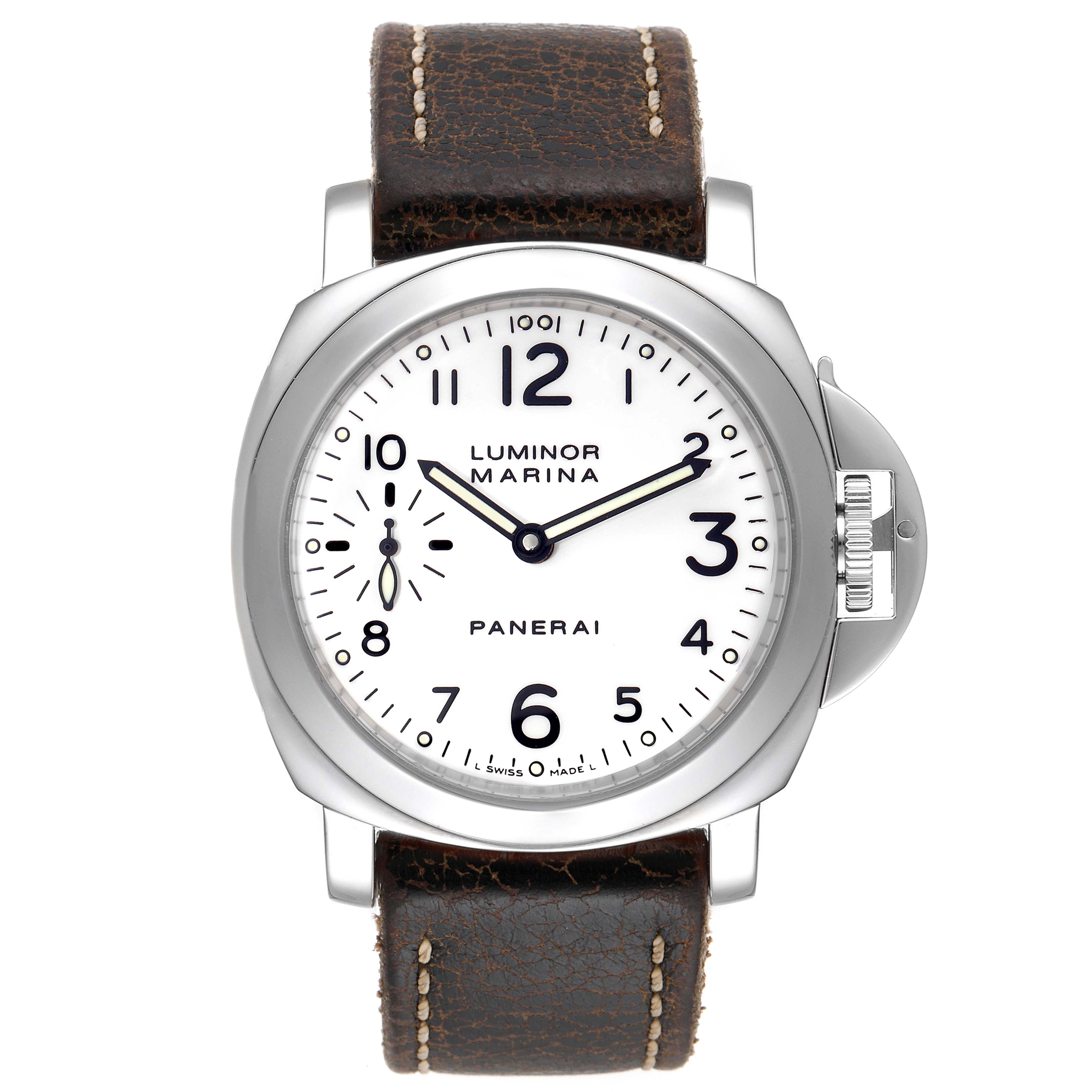 The image shows a front view of a Panerai Luminor PAM00113 Men
s Stainless Steel White Dial PAM00113 Men
s Stainless Steel White Dial watch with a white dial and brown leather strap.