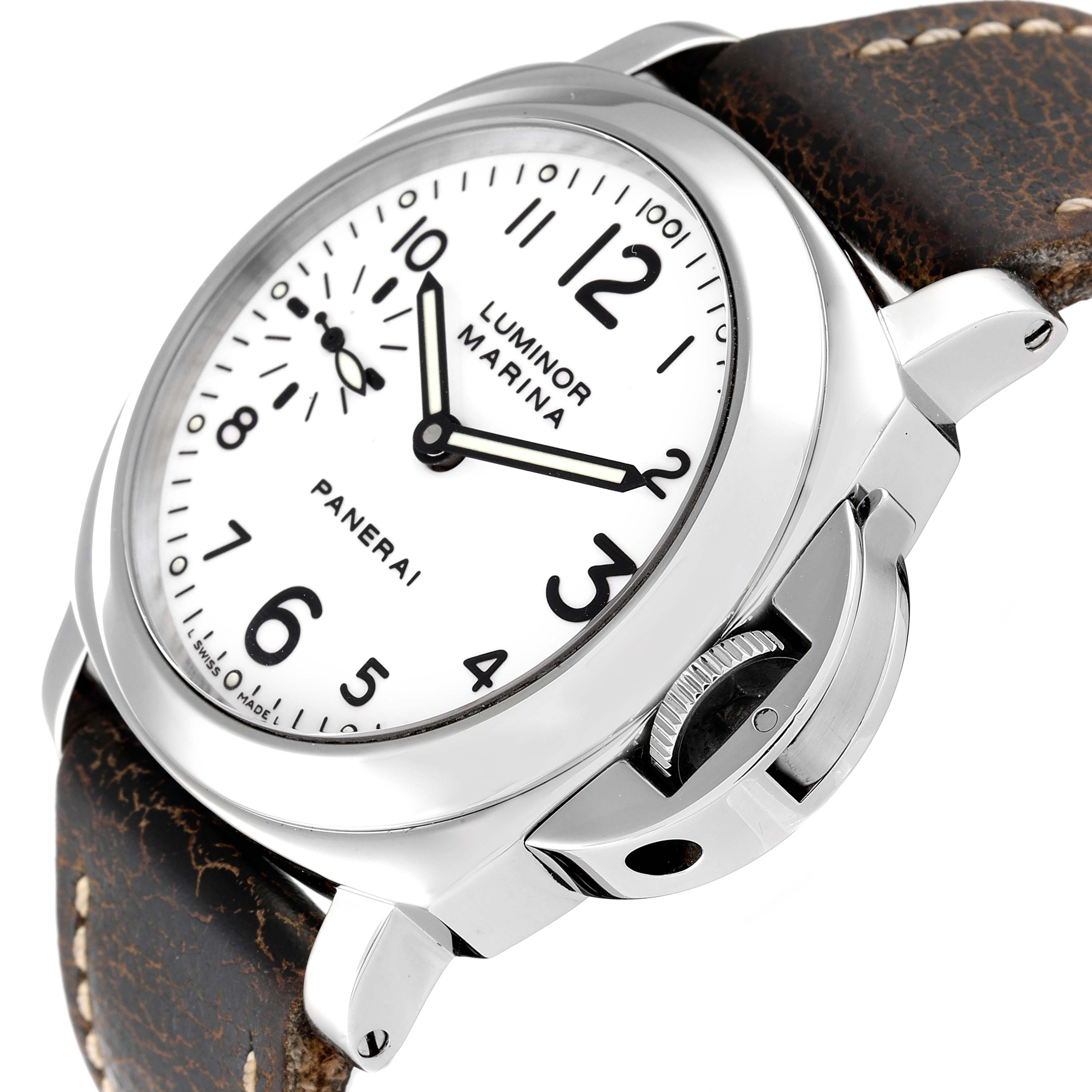 The image shows a Panerai Luminor PAM00113 Men
s Stainless Steel White Dial PAM00113 Men
s Stainless Steel White Dial Marina watch at an angle highlighting the dial, case, crown, and leather strap.