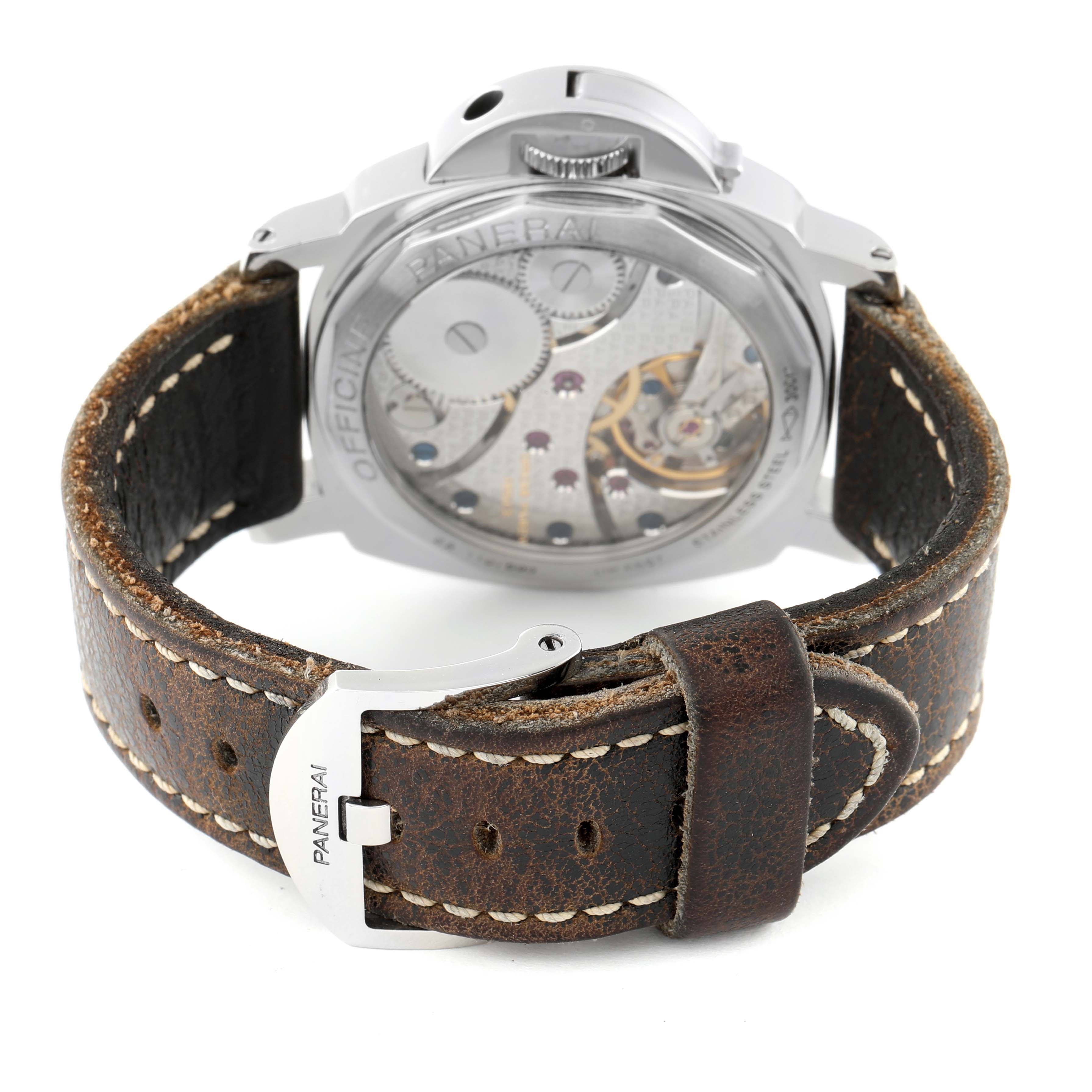 This image shows the back view of a Panerai Luminor PAM00113 Men
s Stainless Steel White Dial PAM00113 Men
s Stainless Steel White Dial watch, focusing on the case back and leather strap with the "PANERAI" buckle.