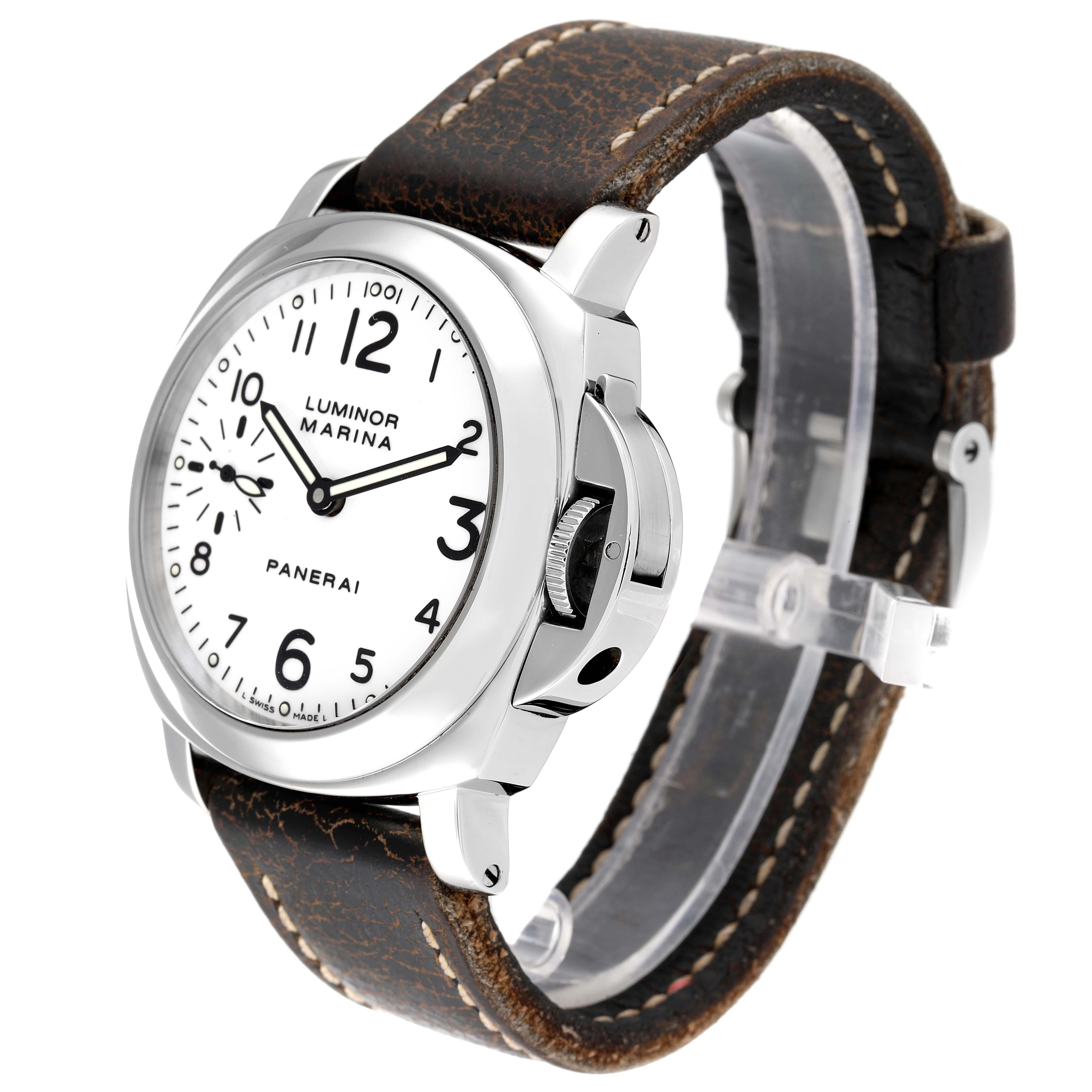 The Panerai Luminor PAM00113 Men
s Stainless Steel White Dial PAM00113 Men
s Stainless Steel White Dial watch is shown at an angle highlighting the dial, crown guard, and brown leather strap.