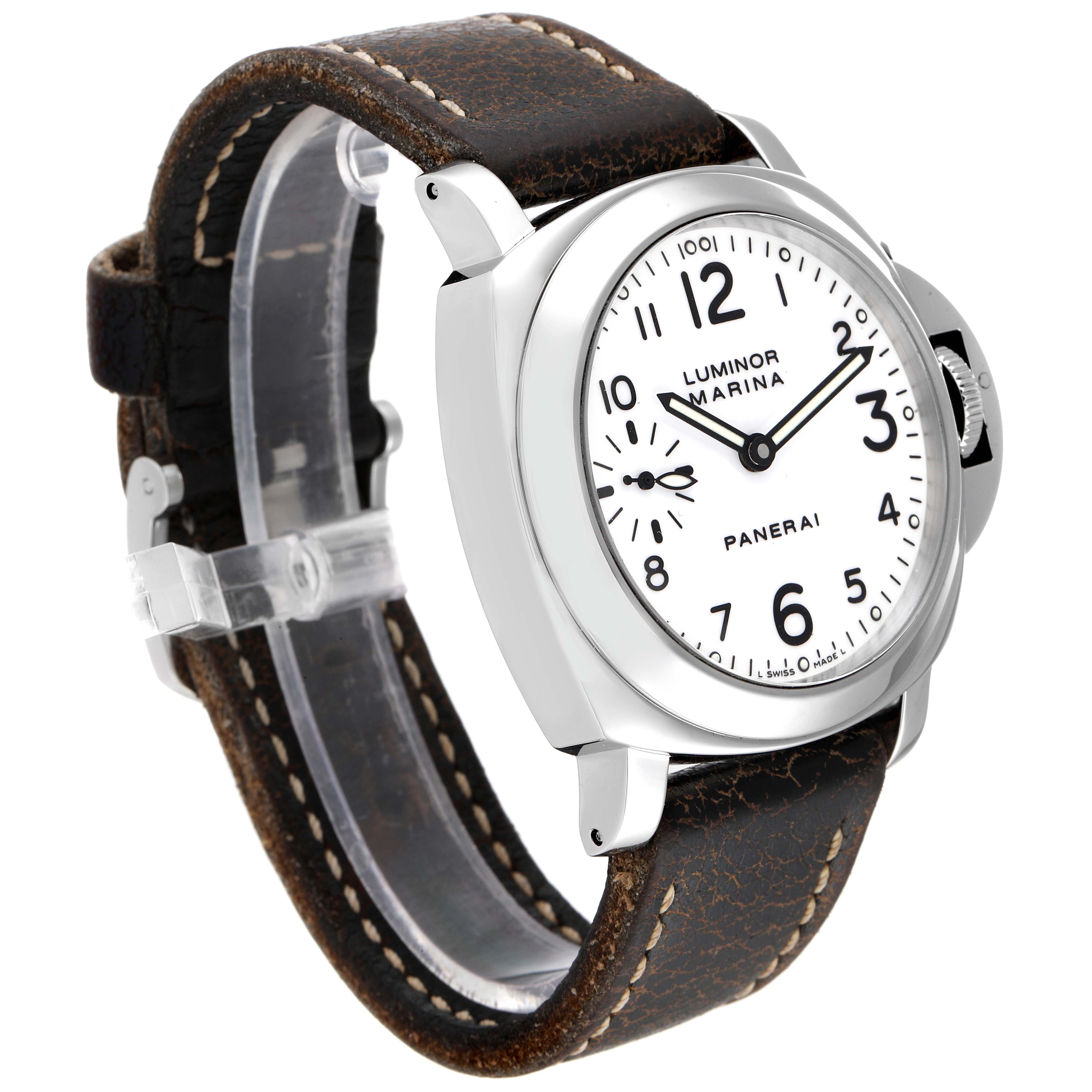 This Panerai Luminor PAM00113 Men
s Stainless Steel White Dial PAM00113 Men
s Stainless Steel White Dial watch is shown at a three-quarter angle, highlighting its white dial, black numerals, and brown leather strap.