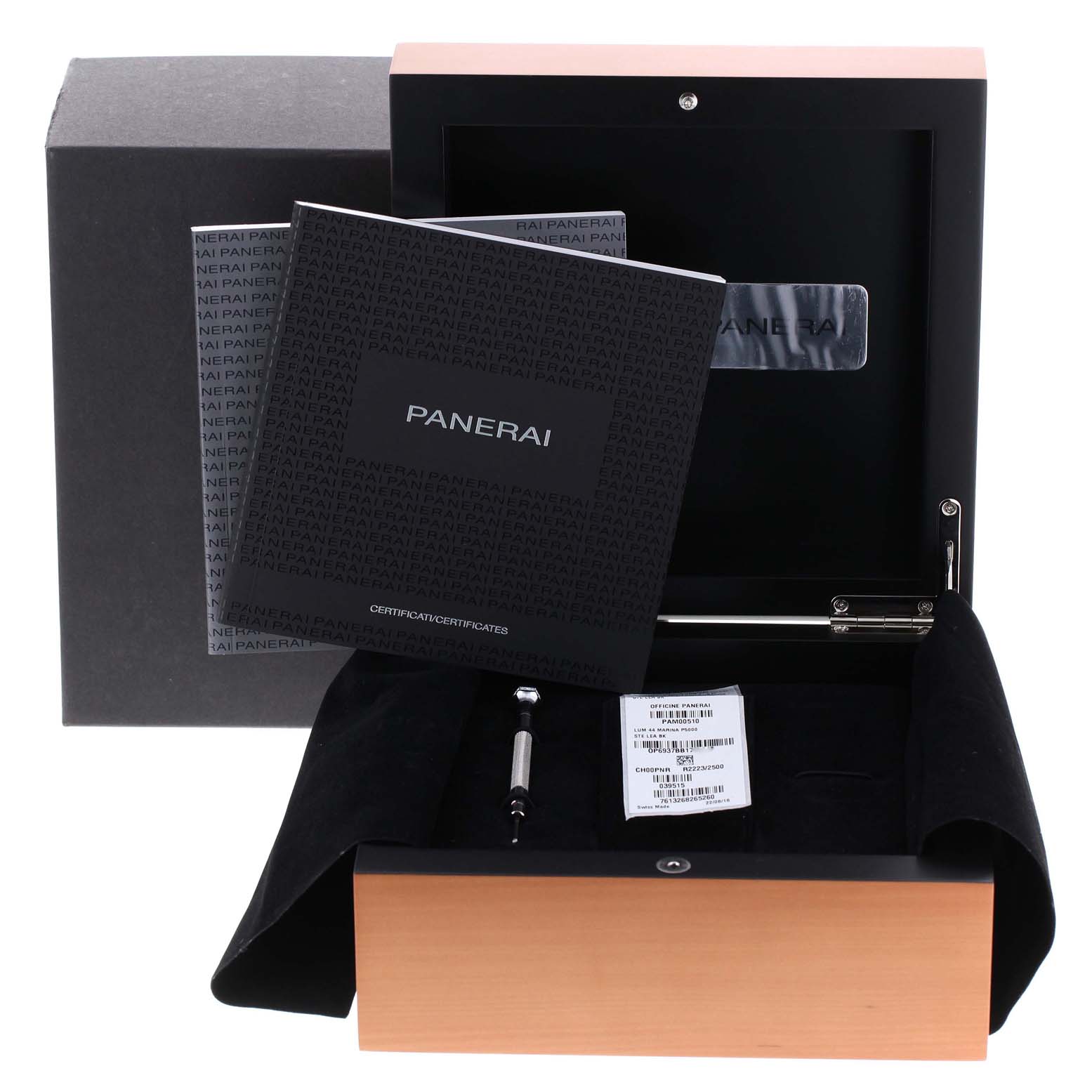 The image shows the packaging and accessories for a Panerai Luminor PAM00510 Men's Stainless Steel Black Dial PAM00510 Men's Stainless Steel Black Dial watch, including a box, documentation, and a small tool.