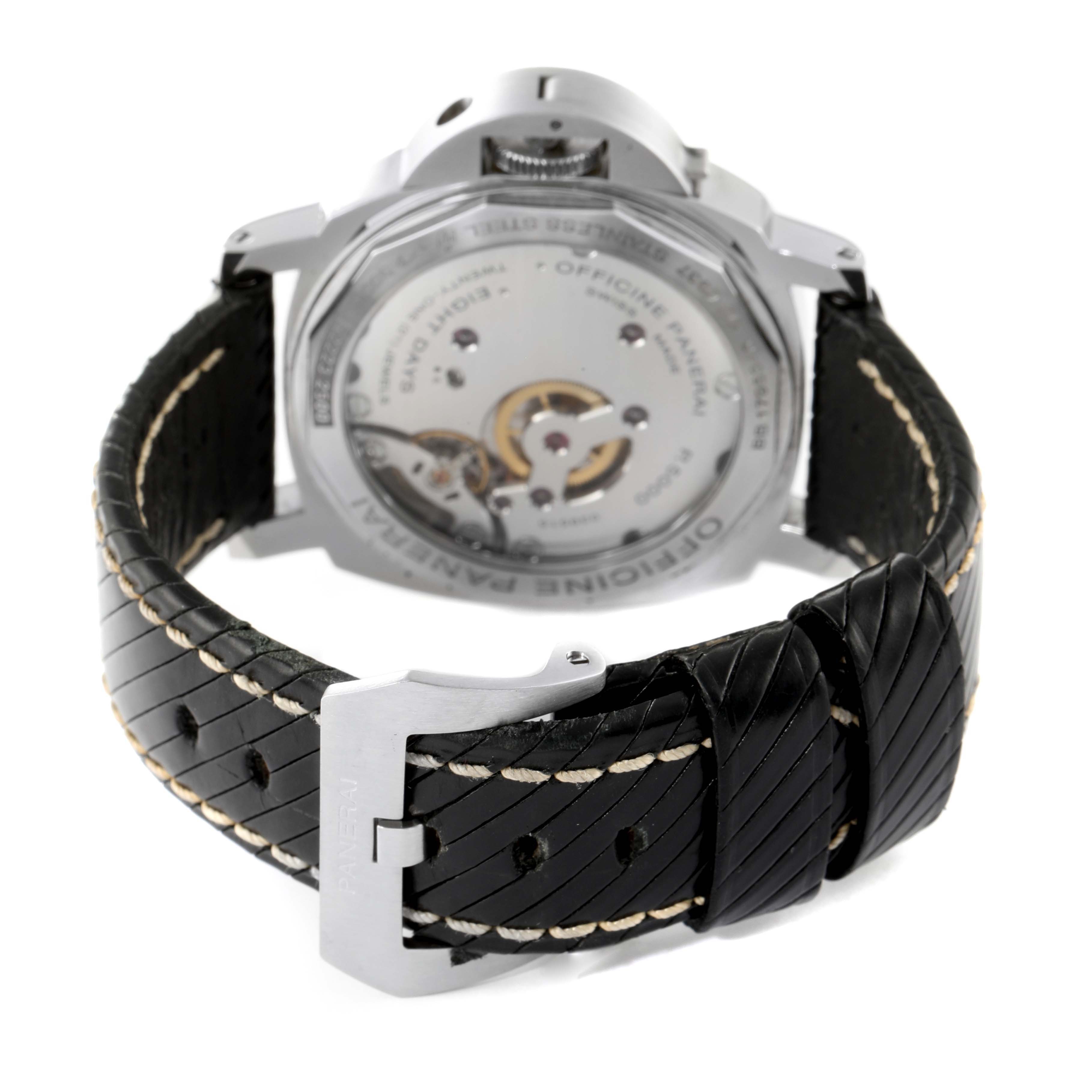 The image shows the back view of a Panerai Luminor PAM00510 Men's Stainless Steel Black Dial PAM00510 Men's Stainless Steel Black Dial watch, highlighting its mechanical movement and leather strap with buckle.