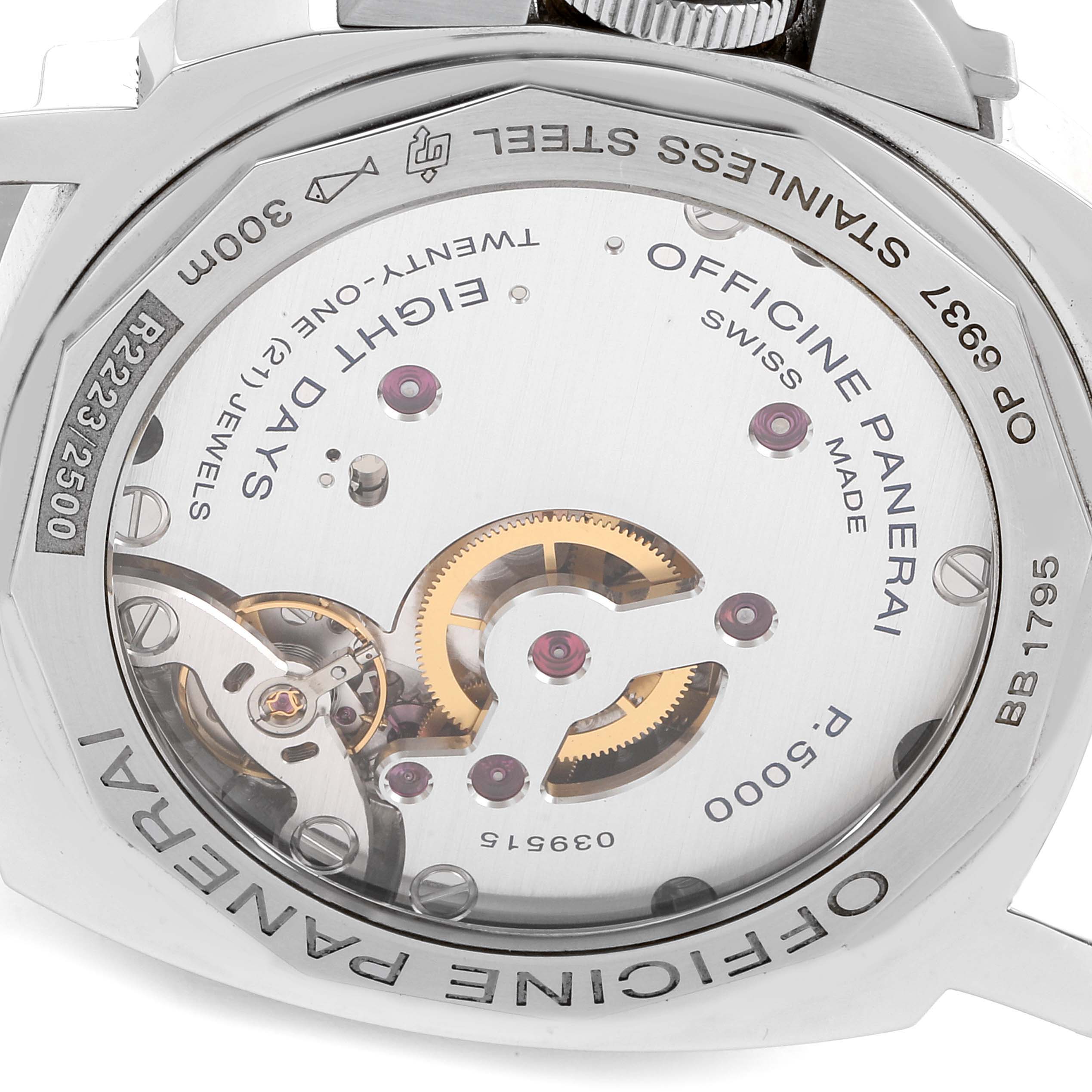 The image shows the back view of a Panerai Luminor PAM00510 Men's Stainless Steel Black Dial PAM00510 Men's Stainless Steel Black Dial watch, revealing its intricate movement and components.