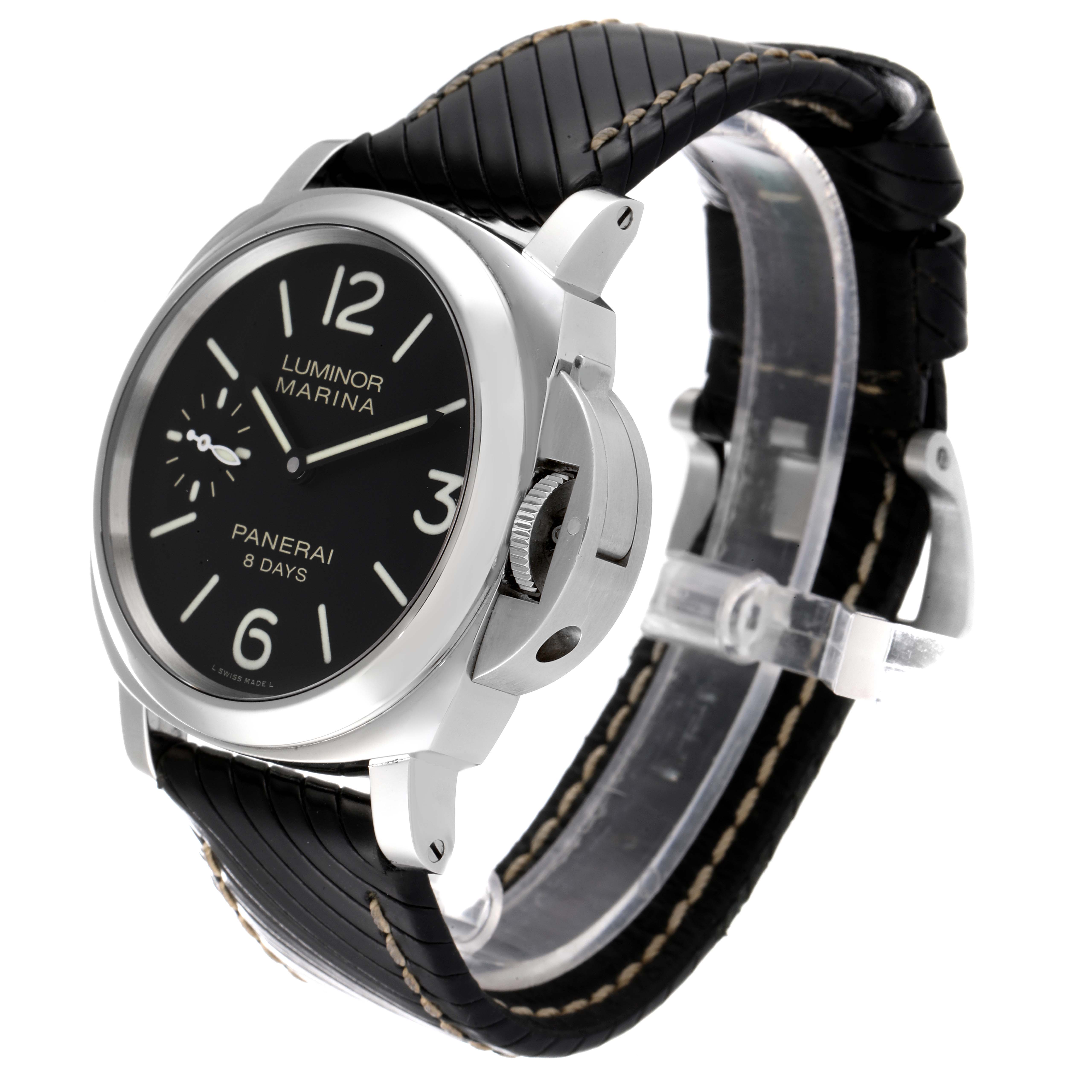 The image shows a Panerai Luminor PAM00510 Men's Stainless Steel Black Dial PAM00510 Men's Stainless Steel Black Dial Marina watch from a slightly tilted angle, highlighting the dial, case, crown guard, and black strap.