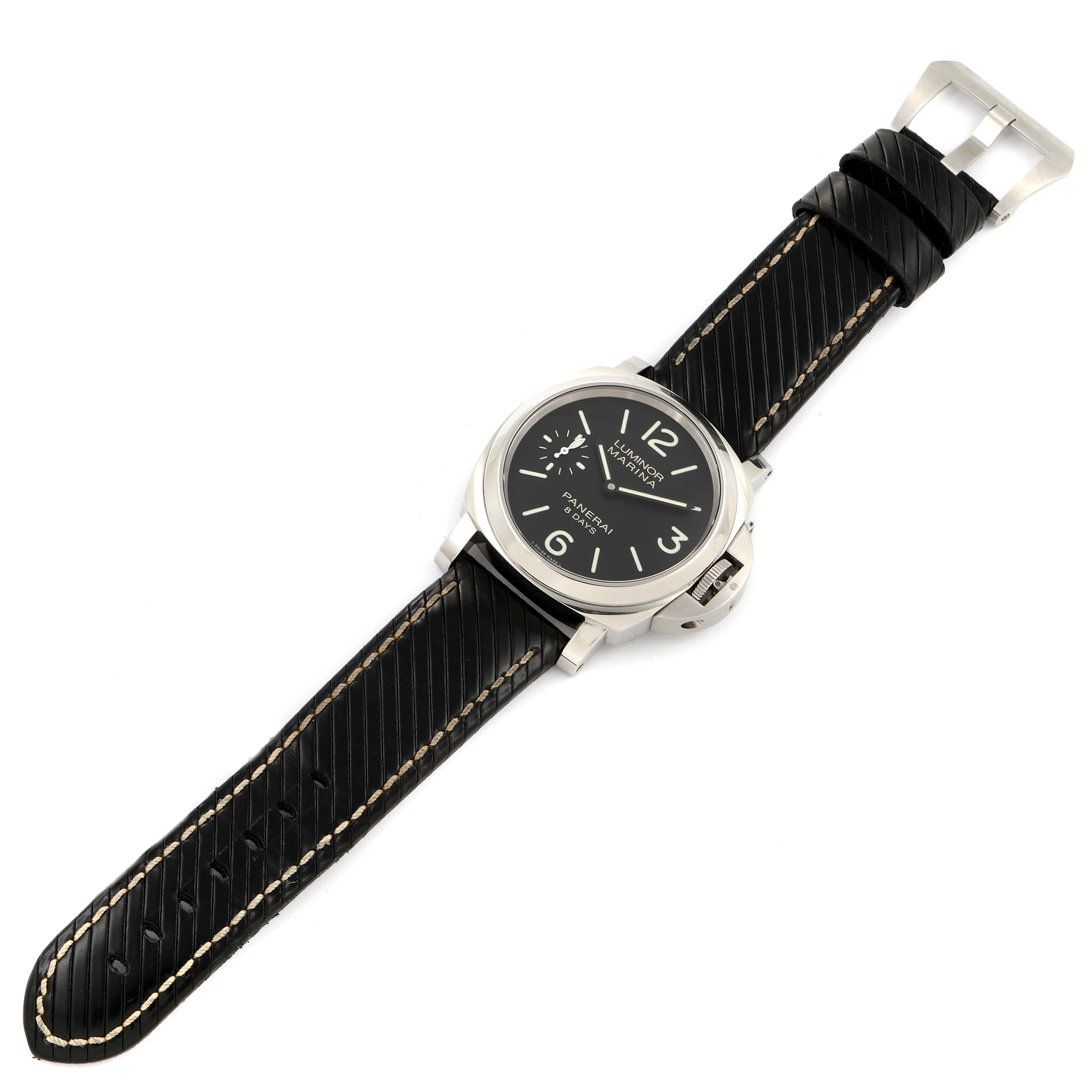 This Panerai Luminor PAM00510 Men's Stainless Steel Black Dial PAM00510 Men's Stainless Steel Black Dial watch is shown from a top-down angle, highlighting its face, case, and black leather strap.