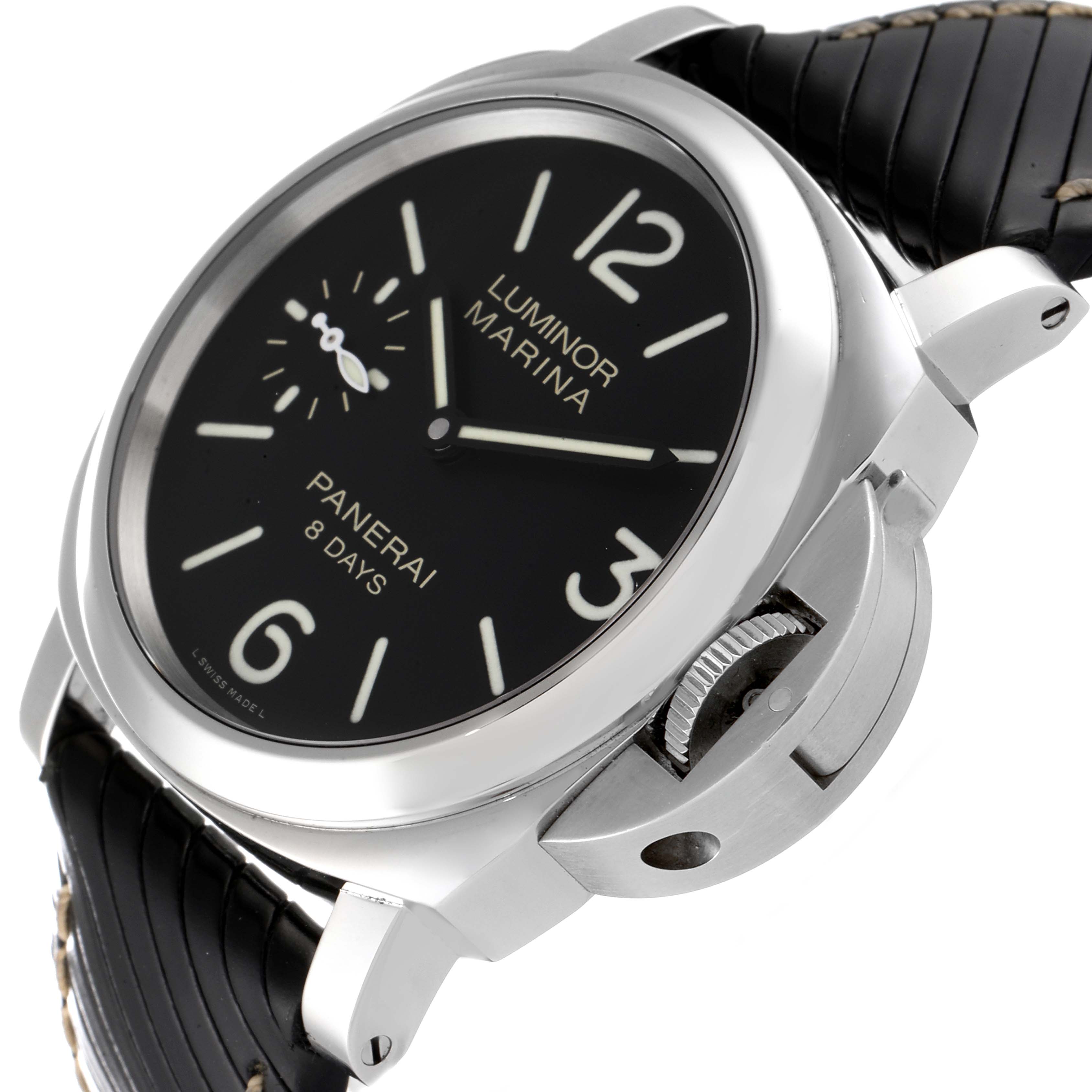 The image shows a close-up, angled view of the Panerai Luminor PAM00510 Men's Stainless Steel Black Dial PAM00510 Men's Stainless Steel Black Dial Marina watch, highlighting the crown guard and black dial.