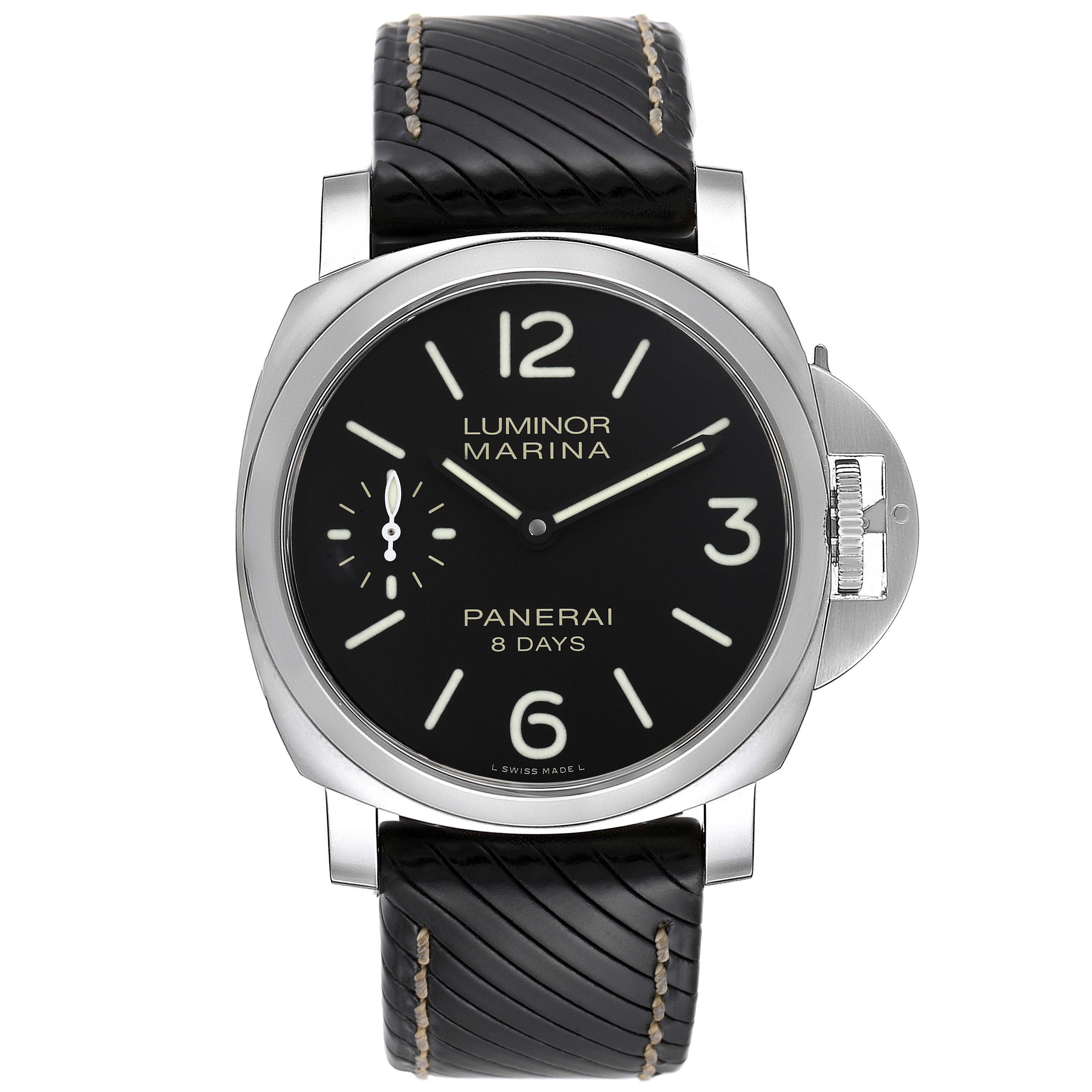 This is a frontal view of the Panerai Luminor PAM00510 Men's Stainless Steel Black Dial PAM00510 Men's Stainless Steel Black Dial Marina watch, showing its black dial, hour markers, and black leather strap.