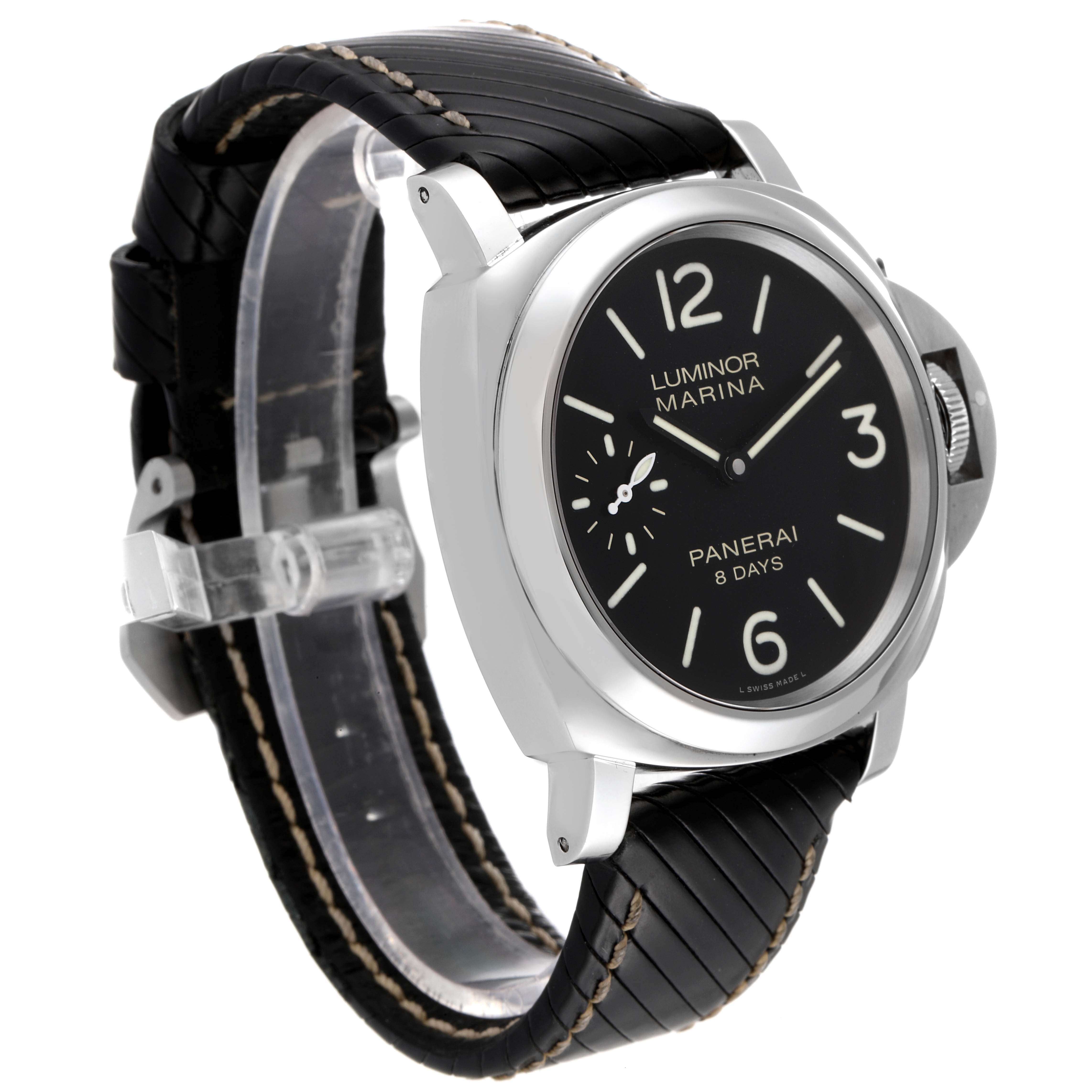 The image shows a side-angle view of the Panerai Luminor PAM00510 Men's Stainless Steel Black Dial PAM00510 Men's Stainless Steel Black Dial Marina watch, displaying its dial, case, strap, and crown guard.