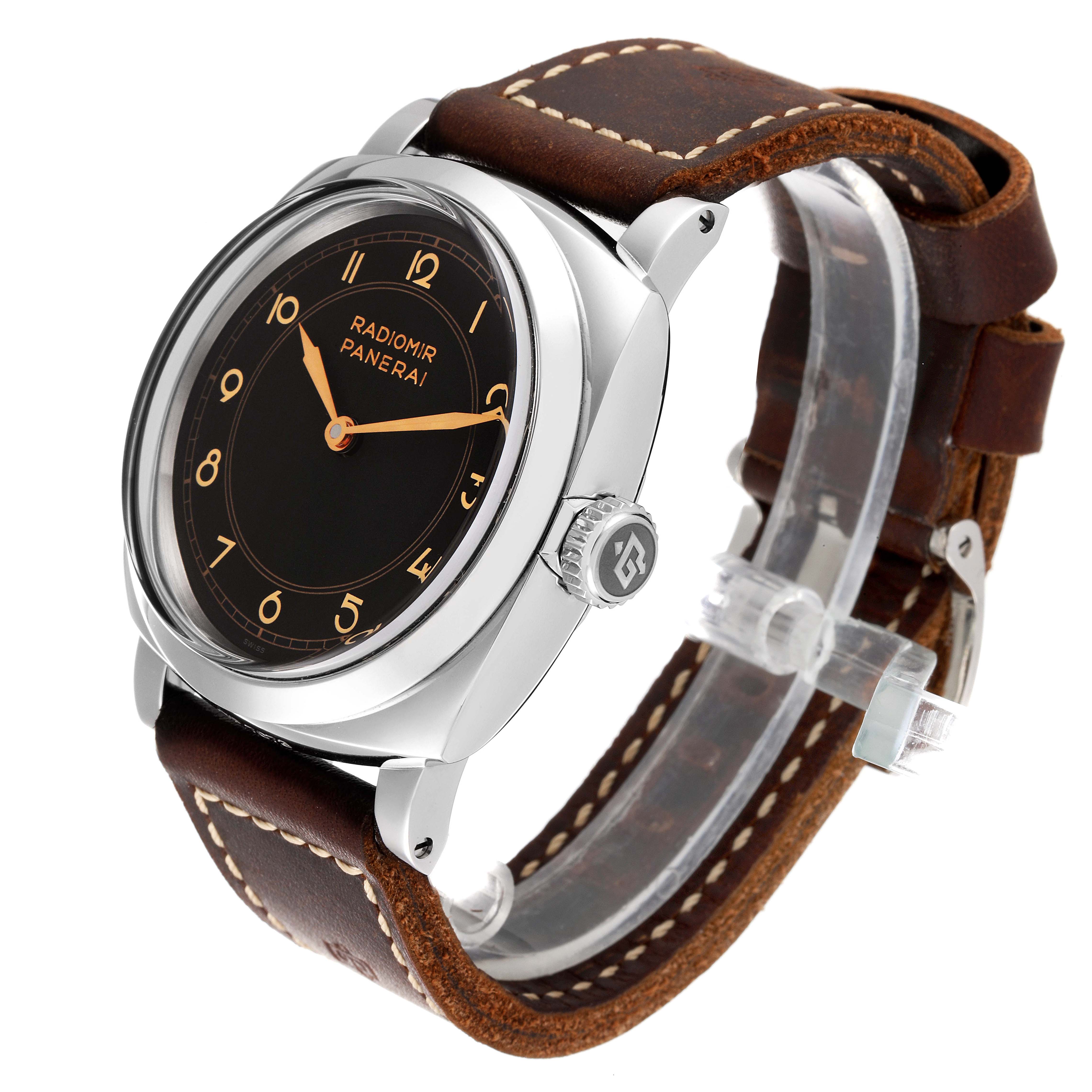 The image shows a Panerai Radiomir PAM00790 Men's Stainless Steel Black Dial watch at a three-quarter angle, highlighting its dial, crown, and leather strap.