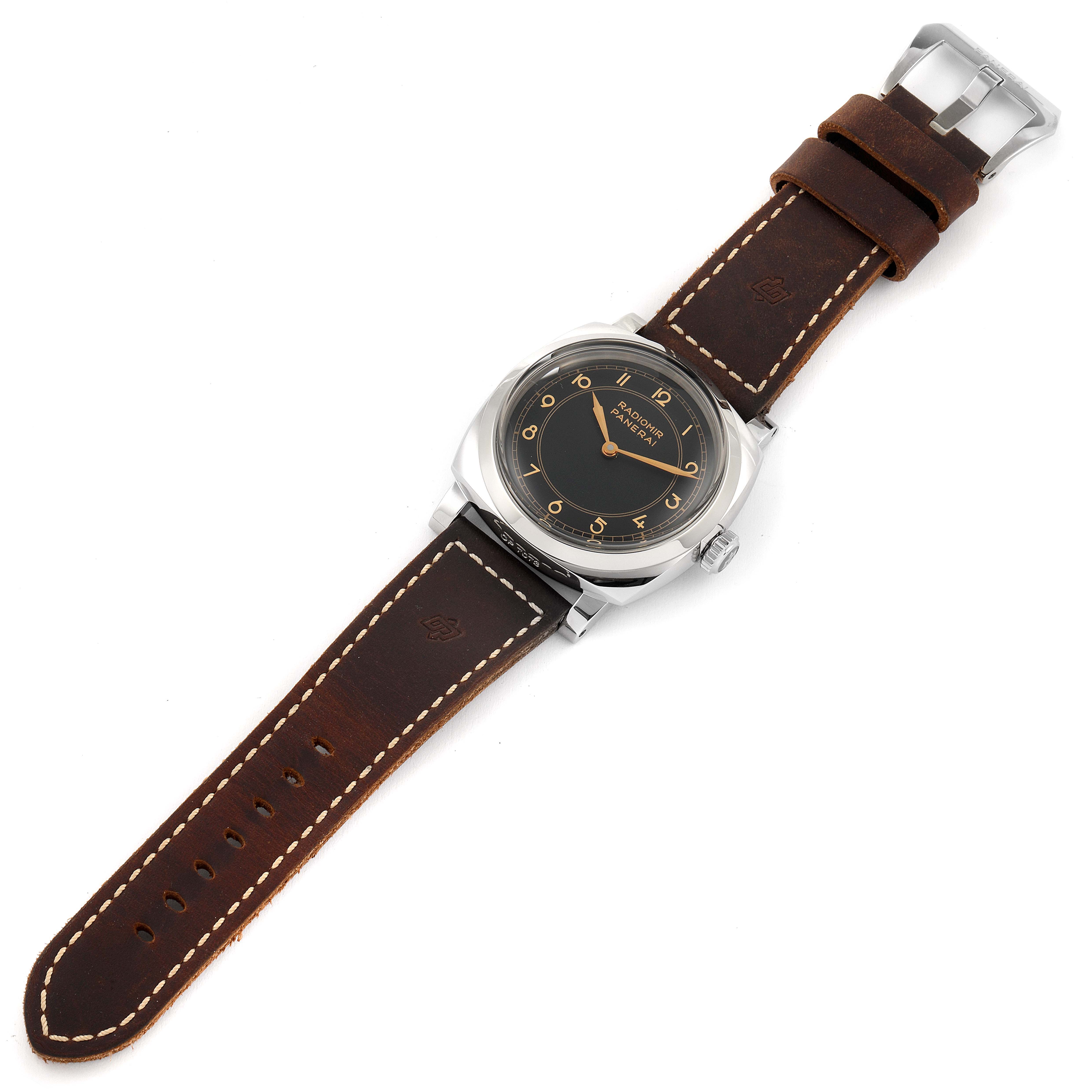 The Panerai Radiomir PAM00790 Men's Stainless Steel Black Dial watch is shown from a top view, highlighting the face, casing, and brown leather strap.