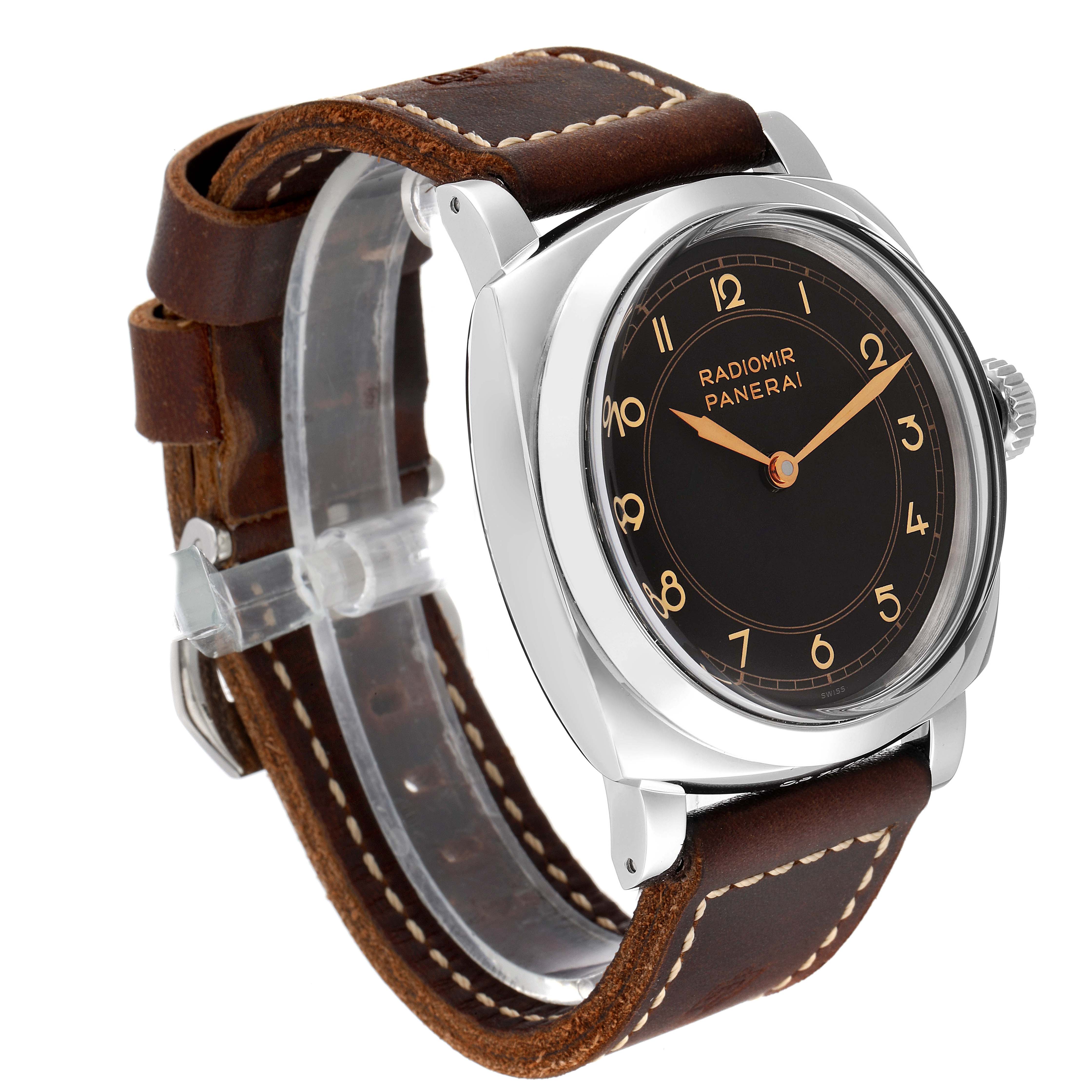 The image shows a Panerai Radiomir PAM00790 Men's Stainless Steel Black Dial watch at a three-quarter angle, highlighting the case, dial, crown, and leather strap.