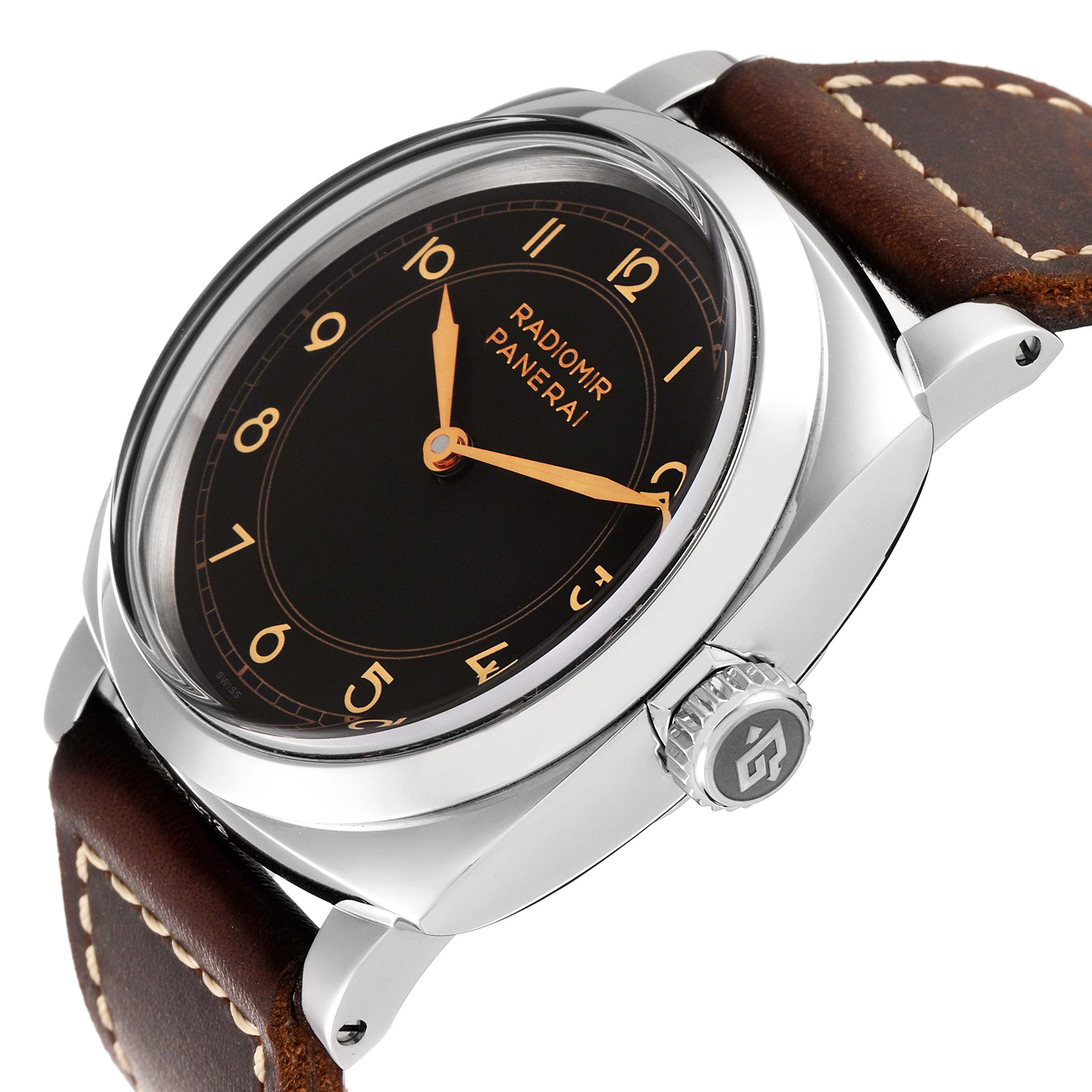 The Panerai Radiomir PAM00790 Men's Stainless Steel Black Dial watch is shown at a three-quarter angle, highlighting the dial, crown, and leather strap.