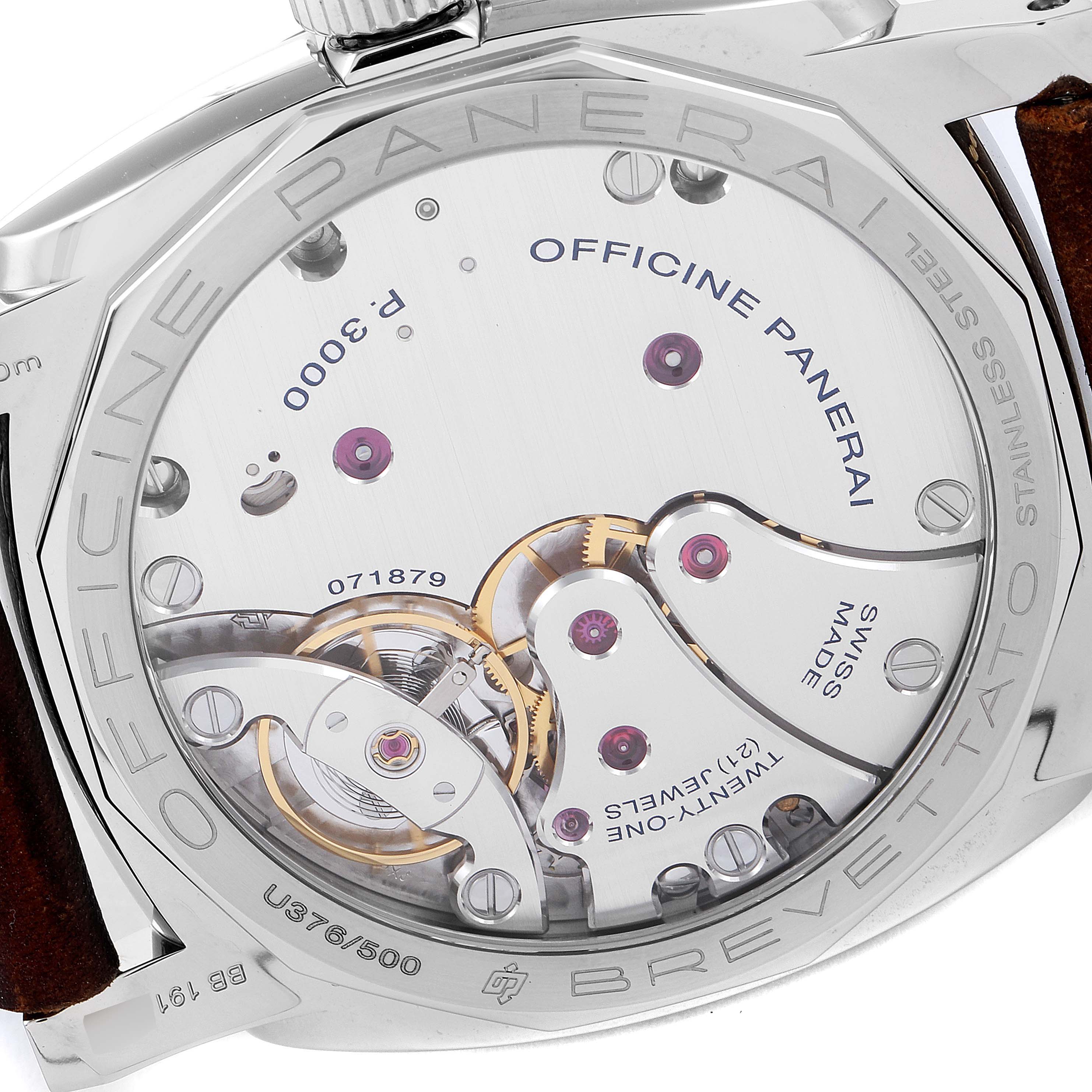 The image shows the back of the Panerai Radiomir PAM00790 Men's Stainless Steel Black Dial watch, displaying its mechanical movement and engraved details.