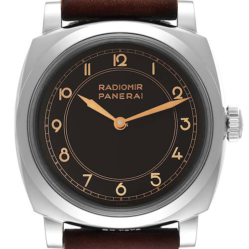 The image shows a front view of the Panerai Radiomir PAM00790 Men's Stainless Steel Black Dial watch, highlighting its round dial, numerals, and crown on the right.