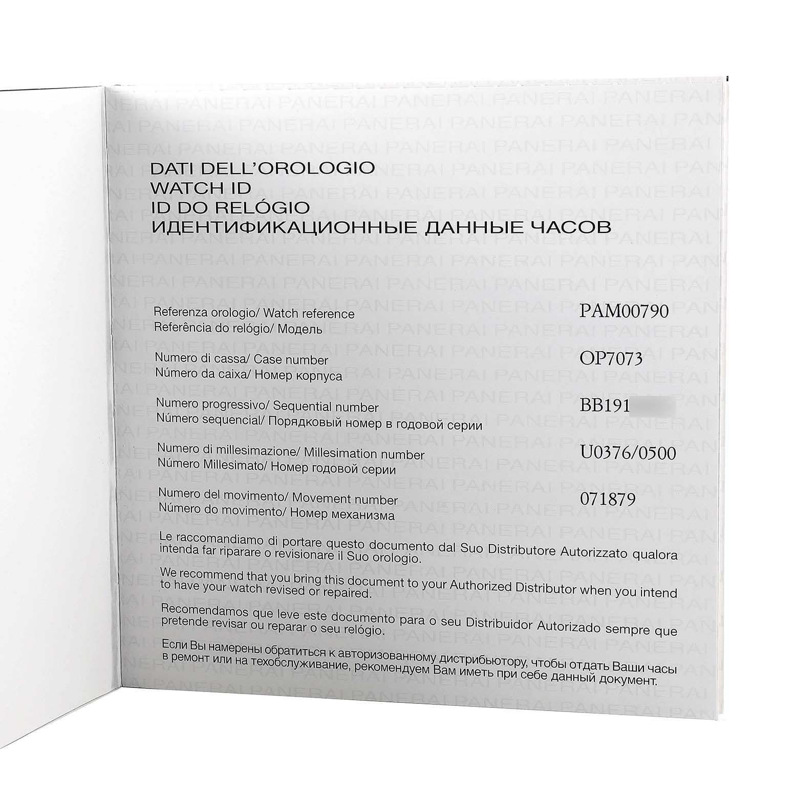 This image shows the identification document for a Panerai Radiomir PAM00790 Men's Stainless Steel Black Dial watch, highlighting model and serial numbers.