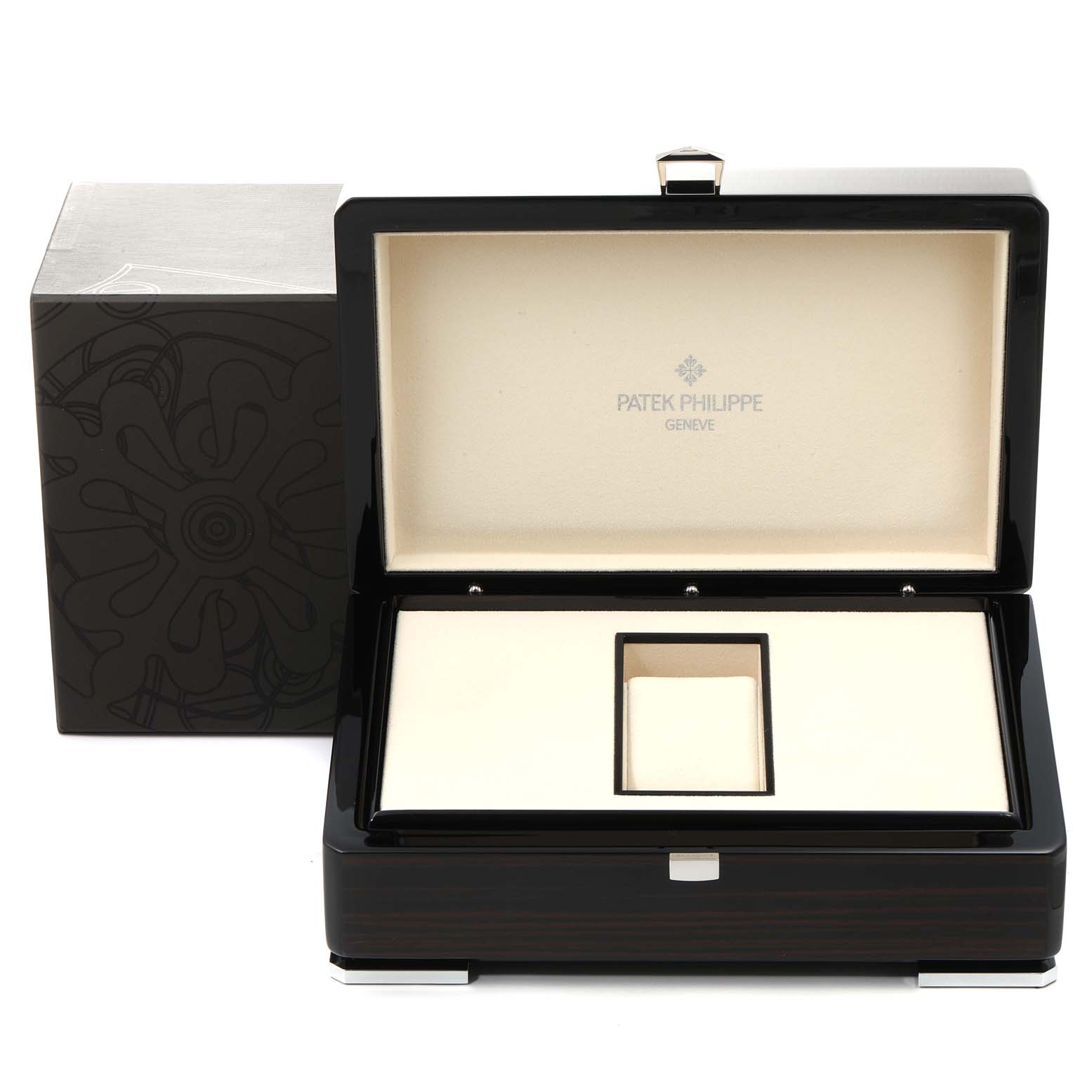 The image shows an open presentation box and cover for a Patek Philippe Calatrava 5134P Men's Platinum Silver Dial 5134P Men's Platinum Silver Dial watch from a front angle.